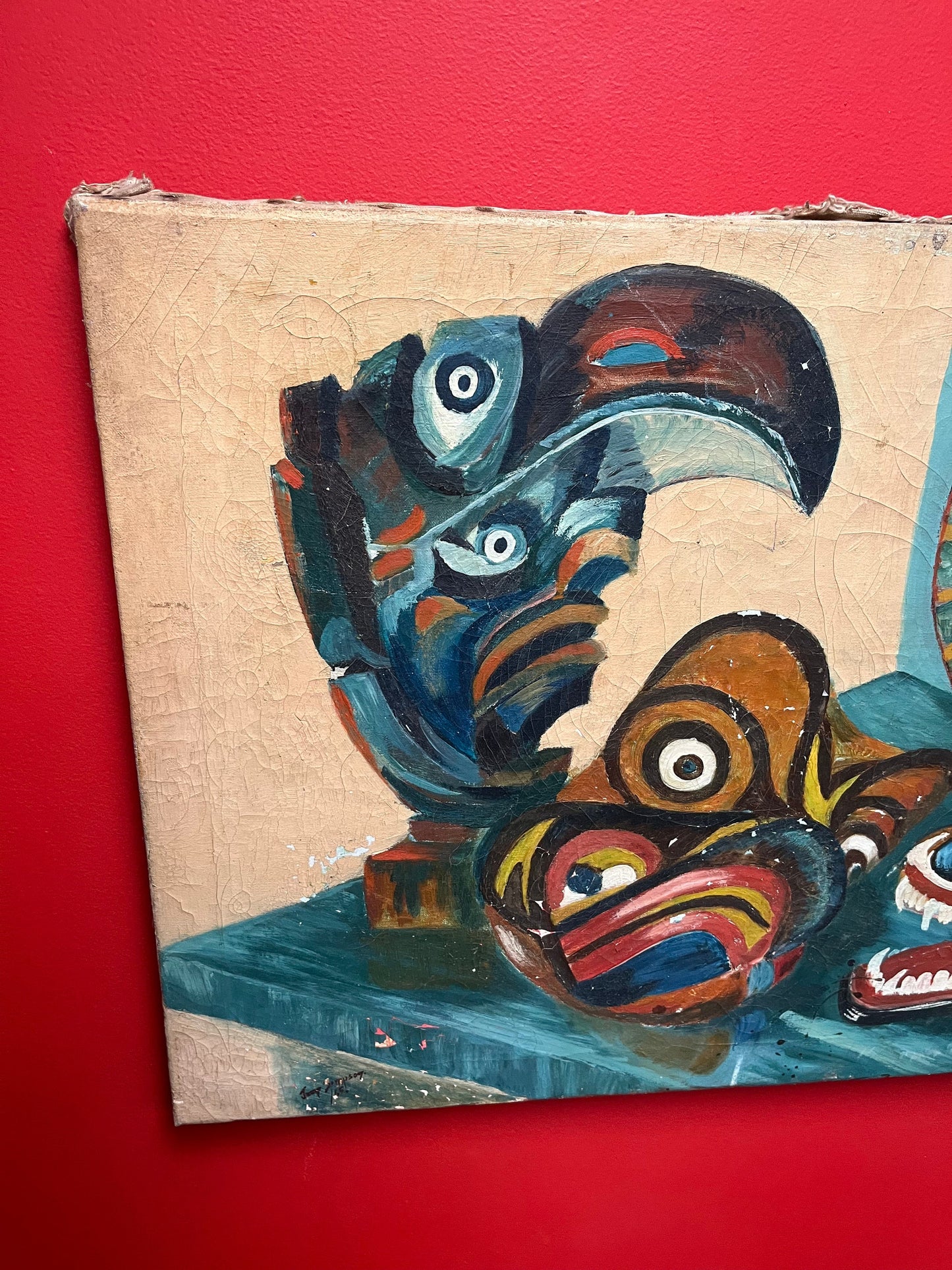 Wonderful rare museum quality signed 30 x 21 indigenous first nations Pacific northwest coast painting - amazing imagery- some paint damage