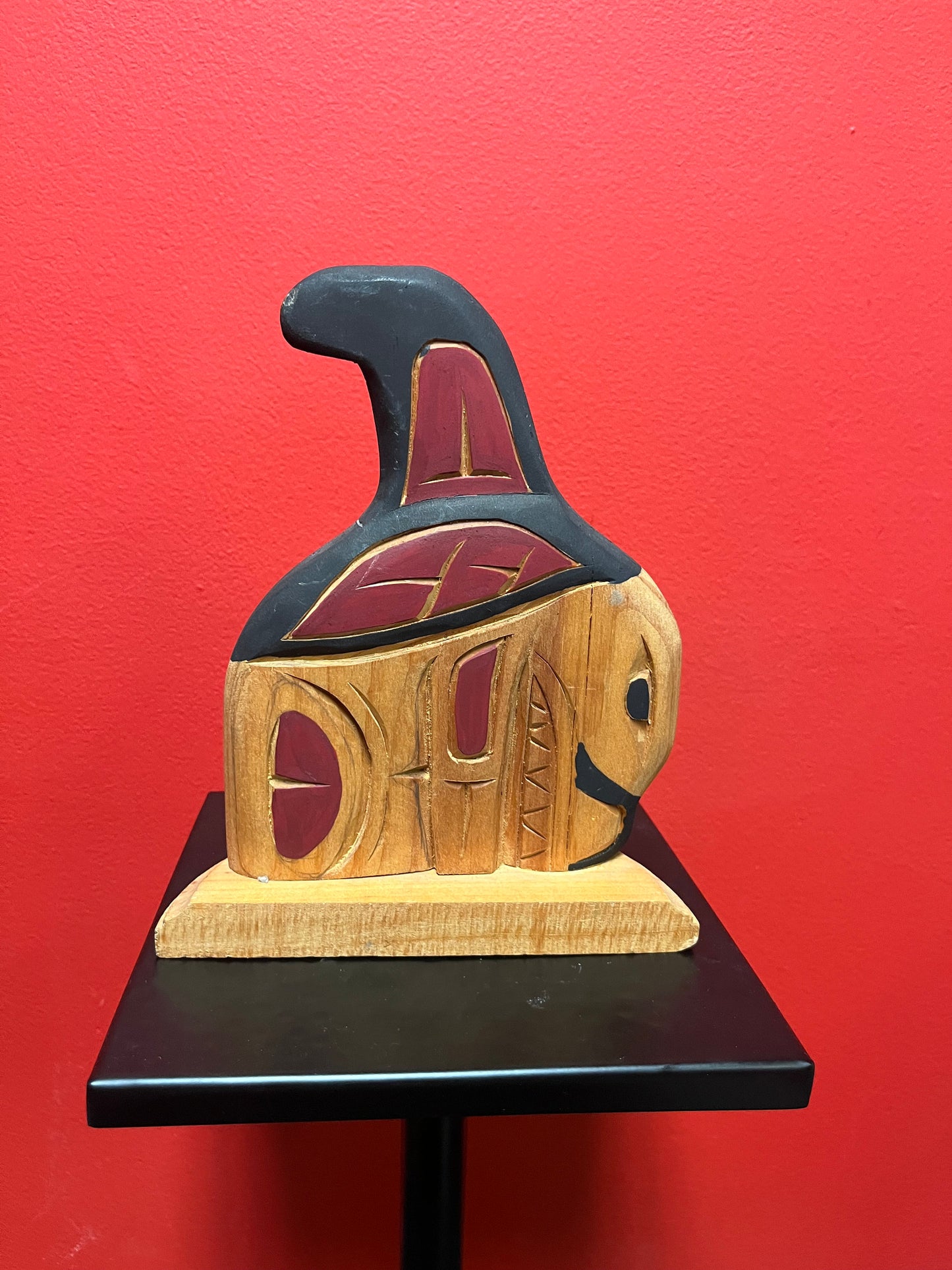 Fabulous 9 inch tall signed indigenous first nations Pacific Northwest Coast double sided killer whale on stand