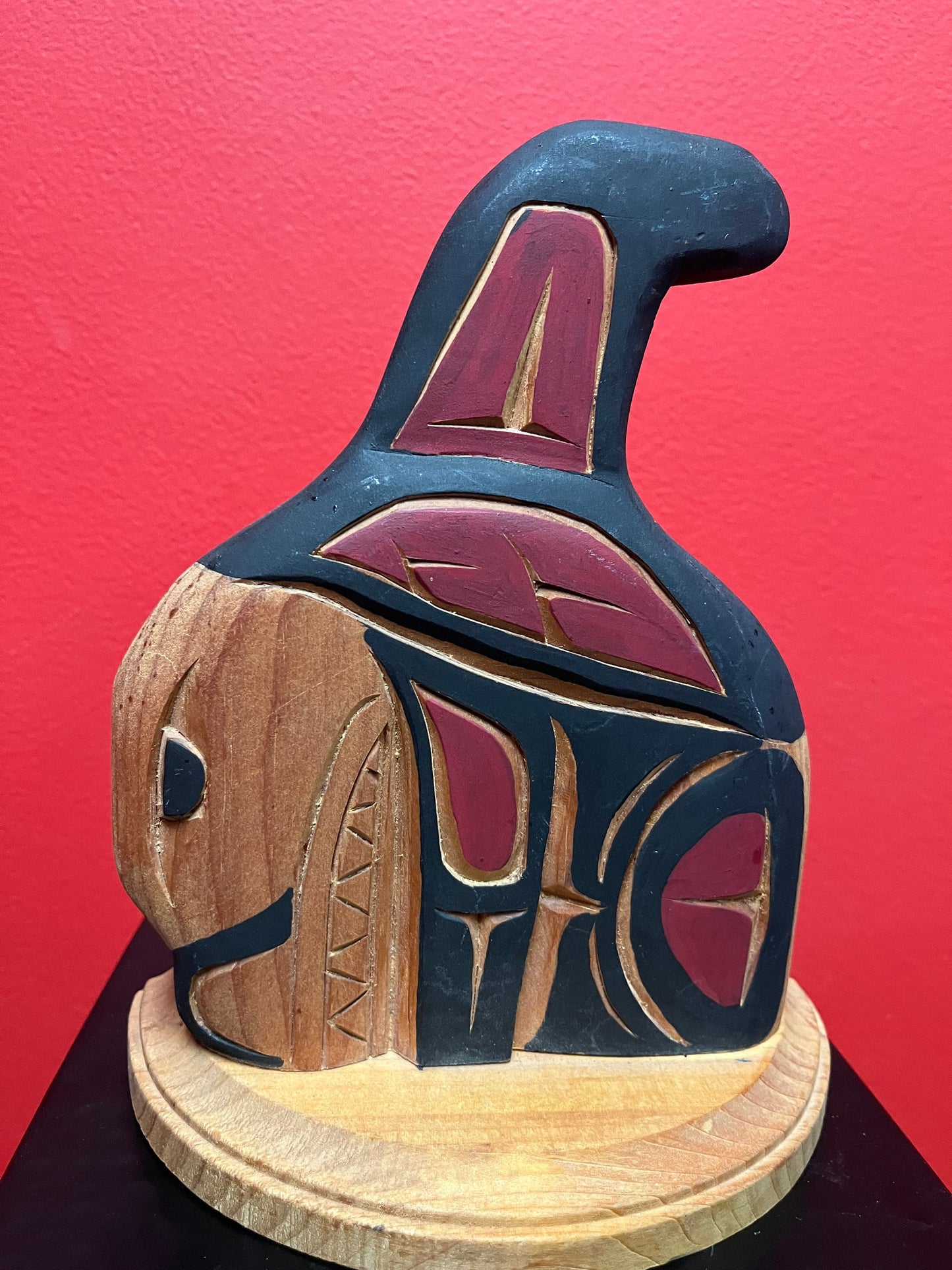 Fabulous 9 inch tall signed indigenous first nations Pacific Northwest Coast double sided killer whale on stand