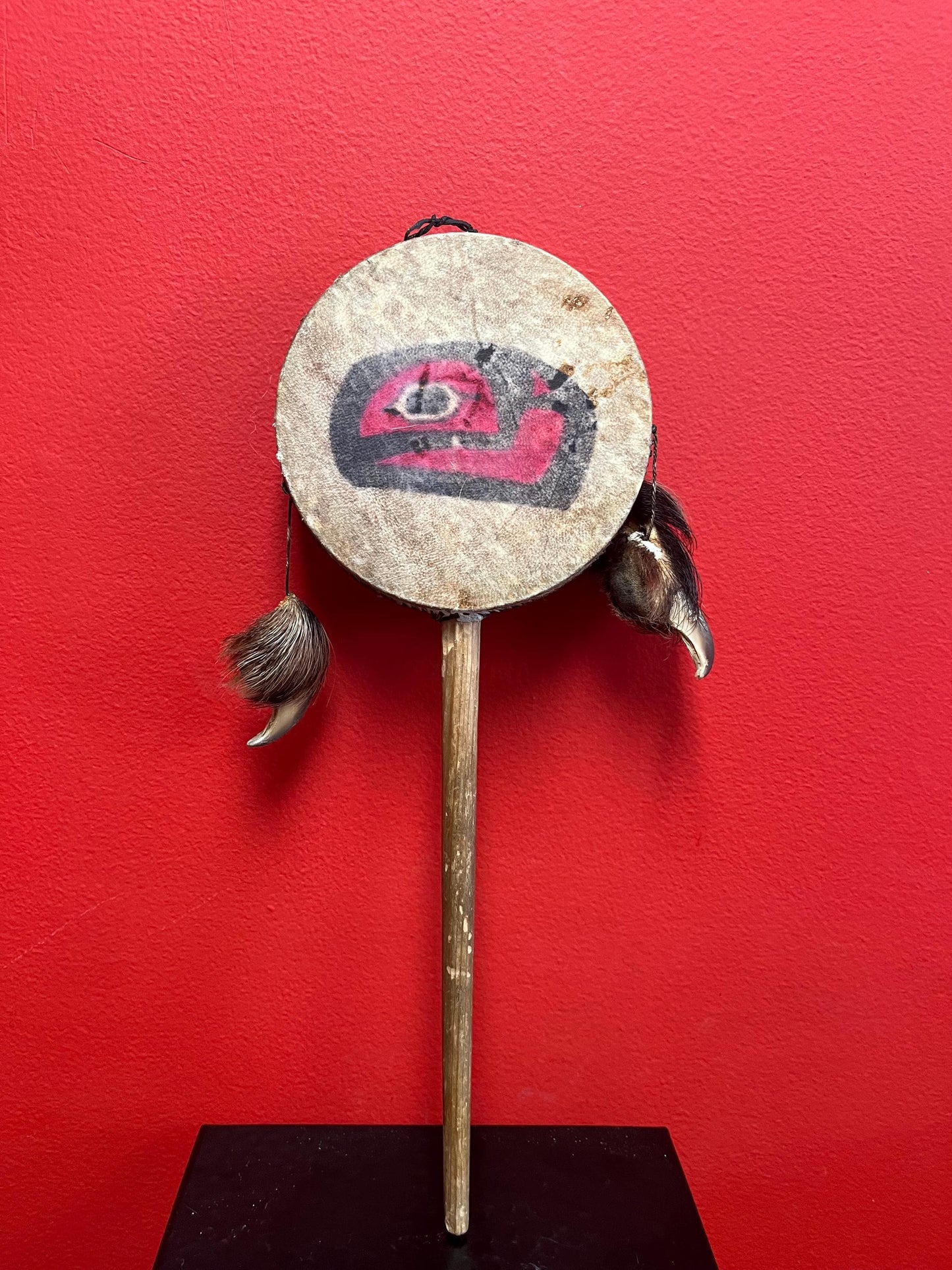 Lovely 14 x 5 wide indigenous first nation specific northwest coast antique drum with great sound  probably ceremonial piece