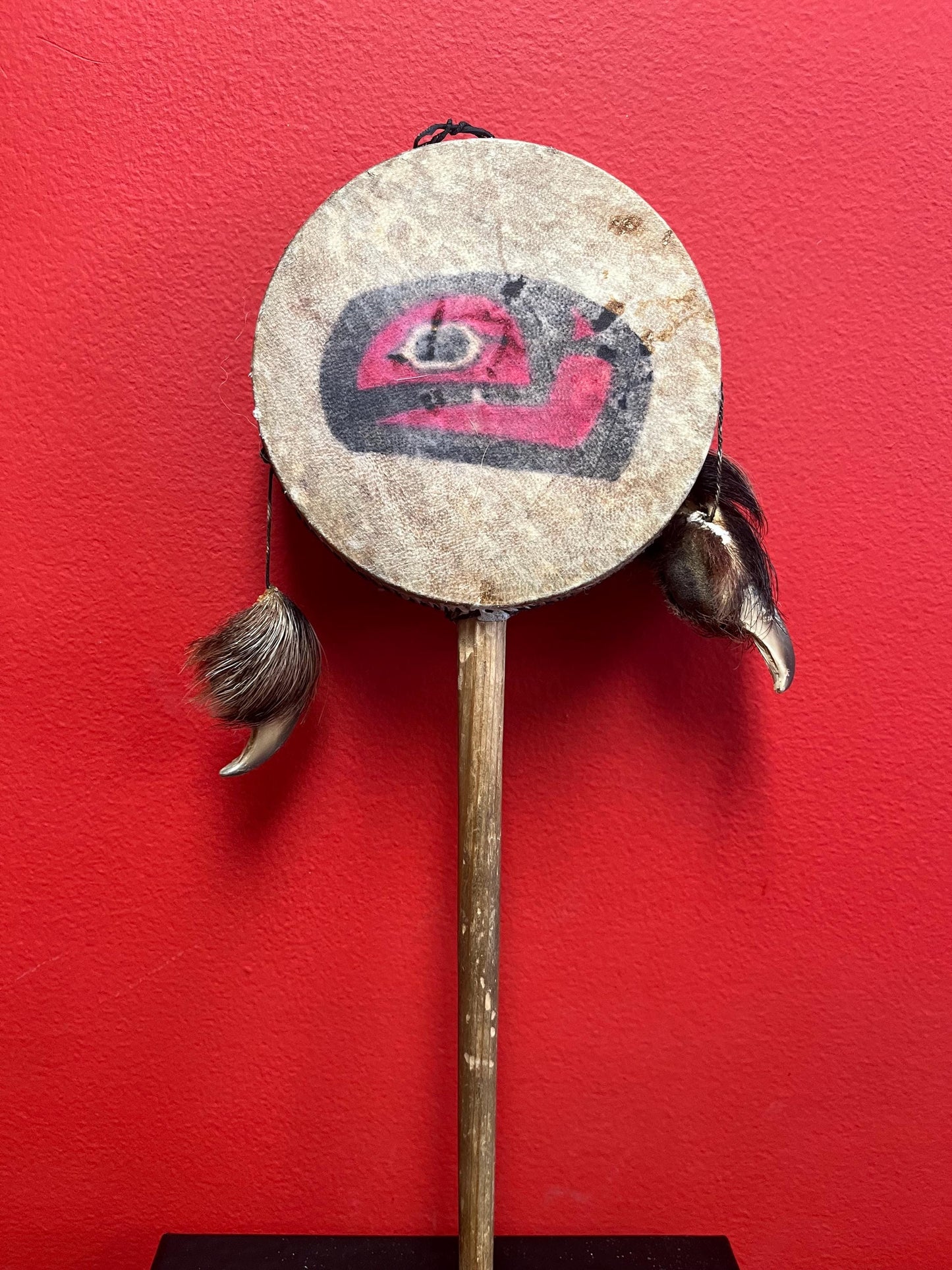 Lovely 14 x 5 wide indigenous first nation specific northwest coast antique drum with great sound  probably ceremonial piece