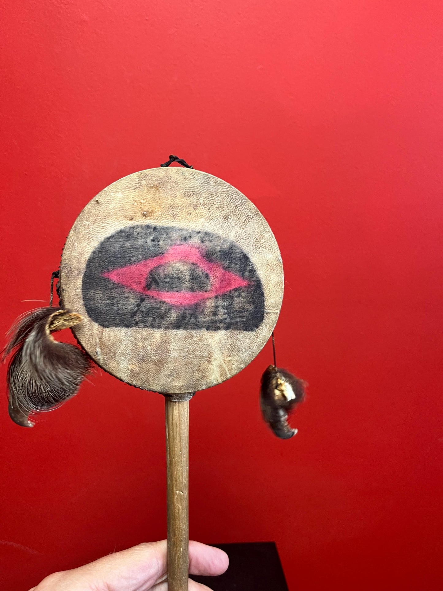 Lovely 14 x 5 wide indigenous first nation specific northwest coast antique drum with great sound  probably ceremonial piece