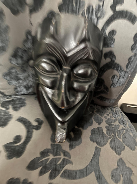 Lovely older Japanese 10 x 6 wide wooden dancing mask representing the devil   needs a hanger