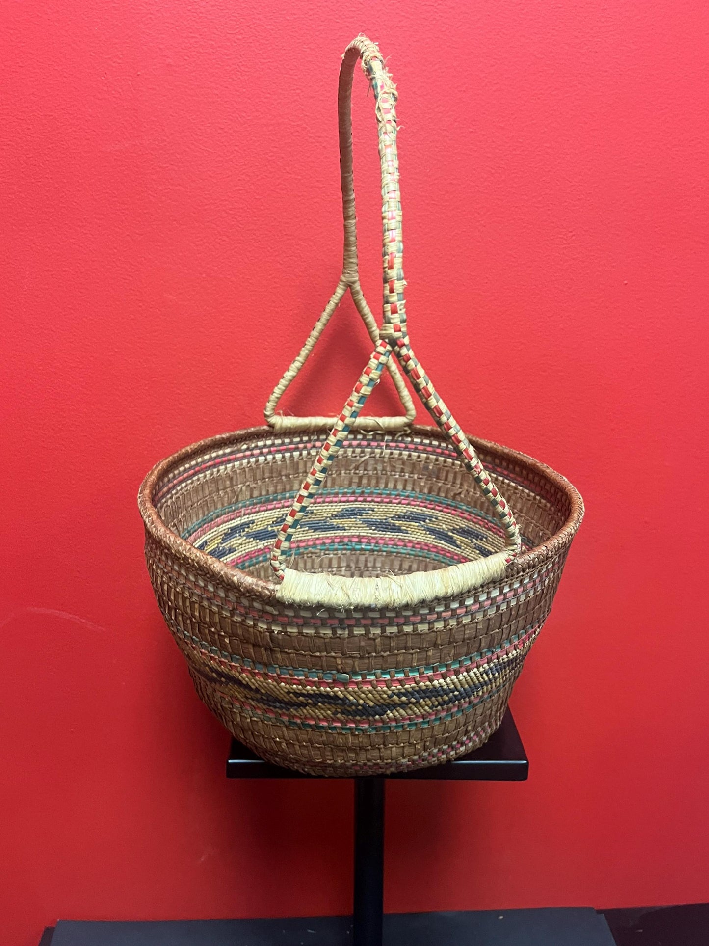 Beautiful 11 x 17 high North American, antique indigenous woven and cedar bark basket  Heavily decorated in great condition  Value priced