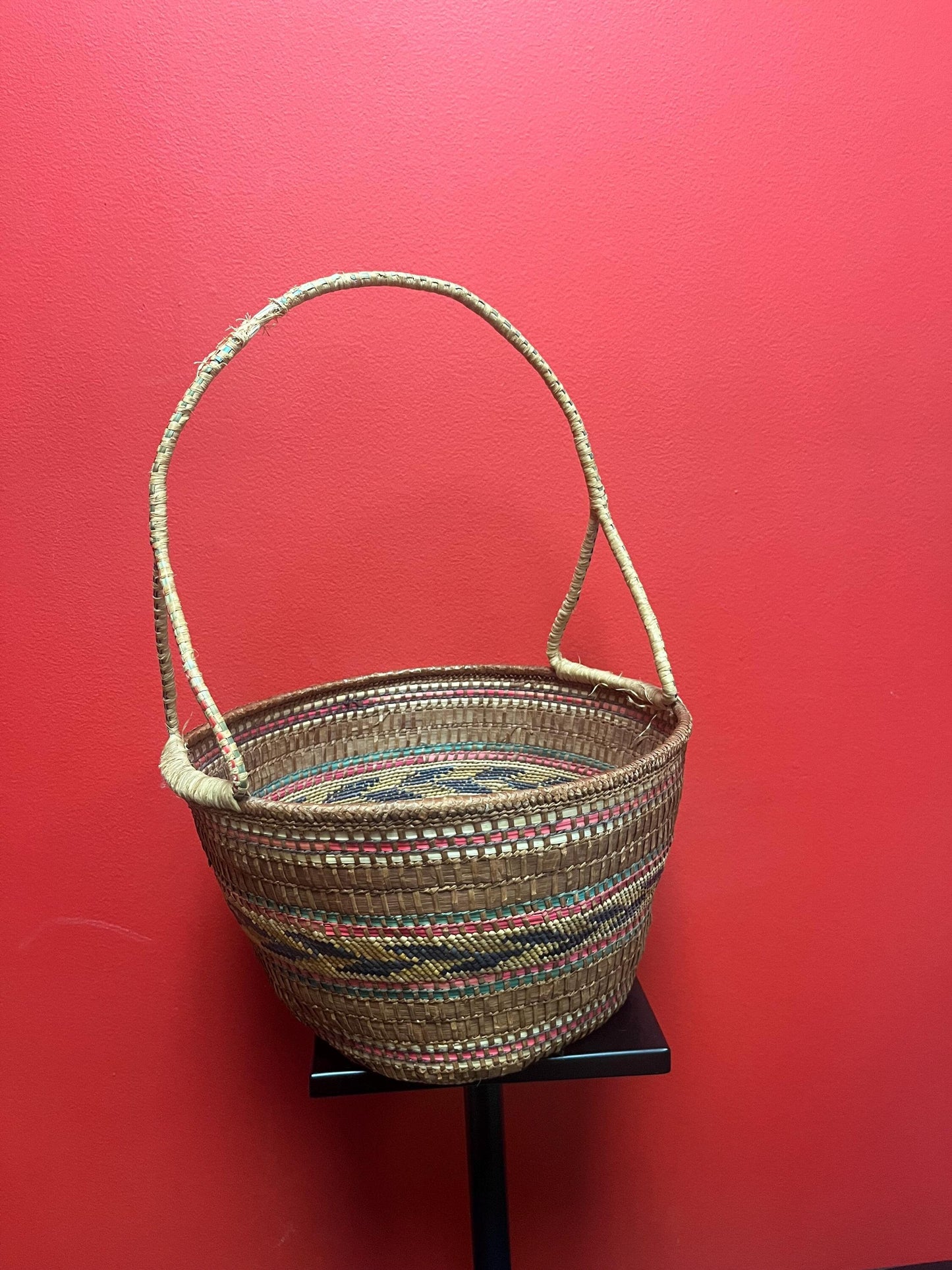 Beautiful 11 x 17 high North American, antique indigenous woven and cedar bark basket  Heavily decorated in great condition  Value priced