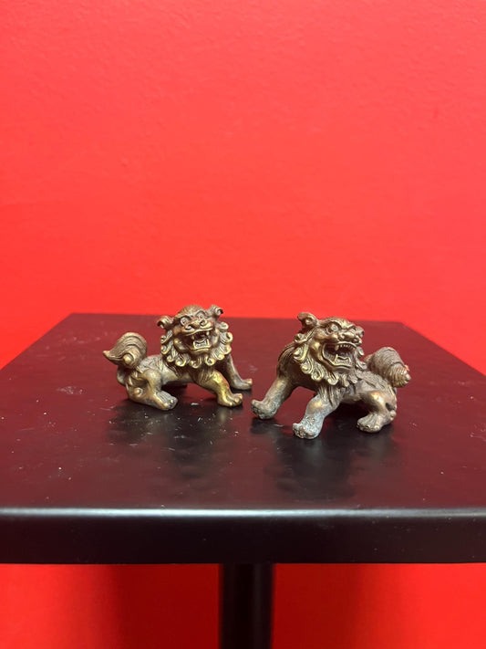 Stunning antique Chinese 2 inch long bronze dogs of foo  amazing patina  and wonderful pieces