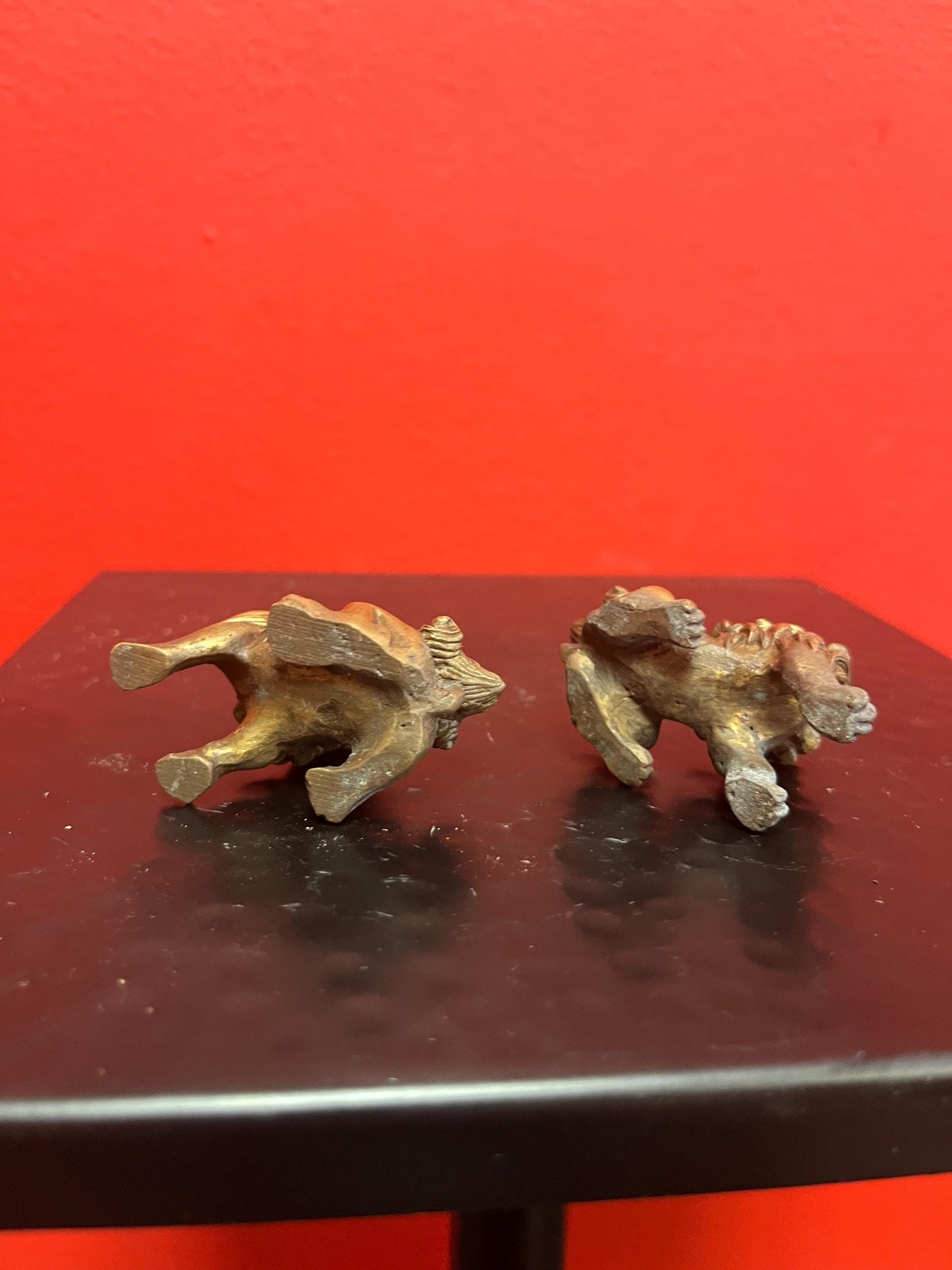 Stunning antique Chinese 2 inch long bronze dogs of foo  amazing patina  and wonderful pieces