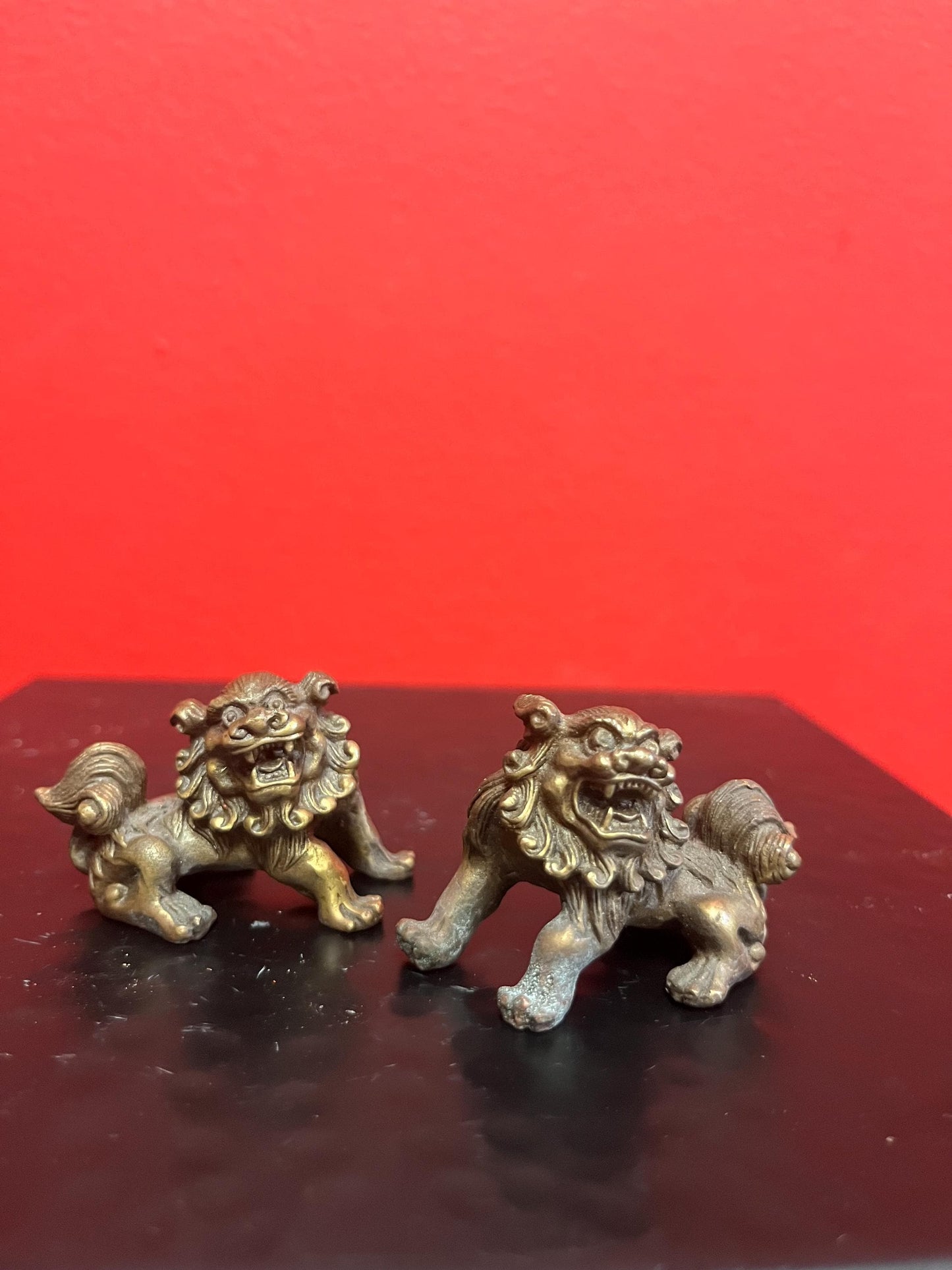 Stunning antique Chinese 2 inch long bronze dogs of foo  amazing patina  and wonderful pieces