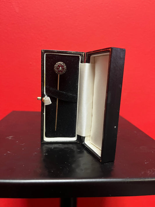 Stunning, antique gold, ruby, and diamond hat pin in a Beautiful box  wonderful piece  wow