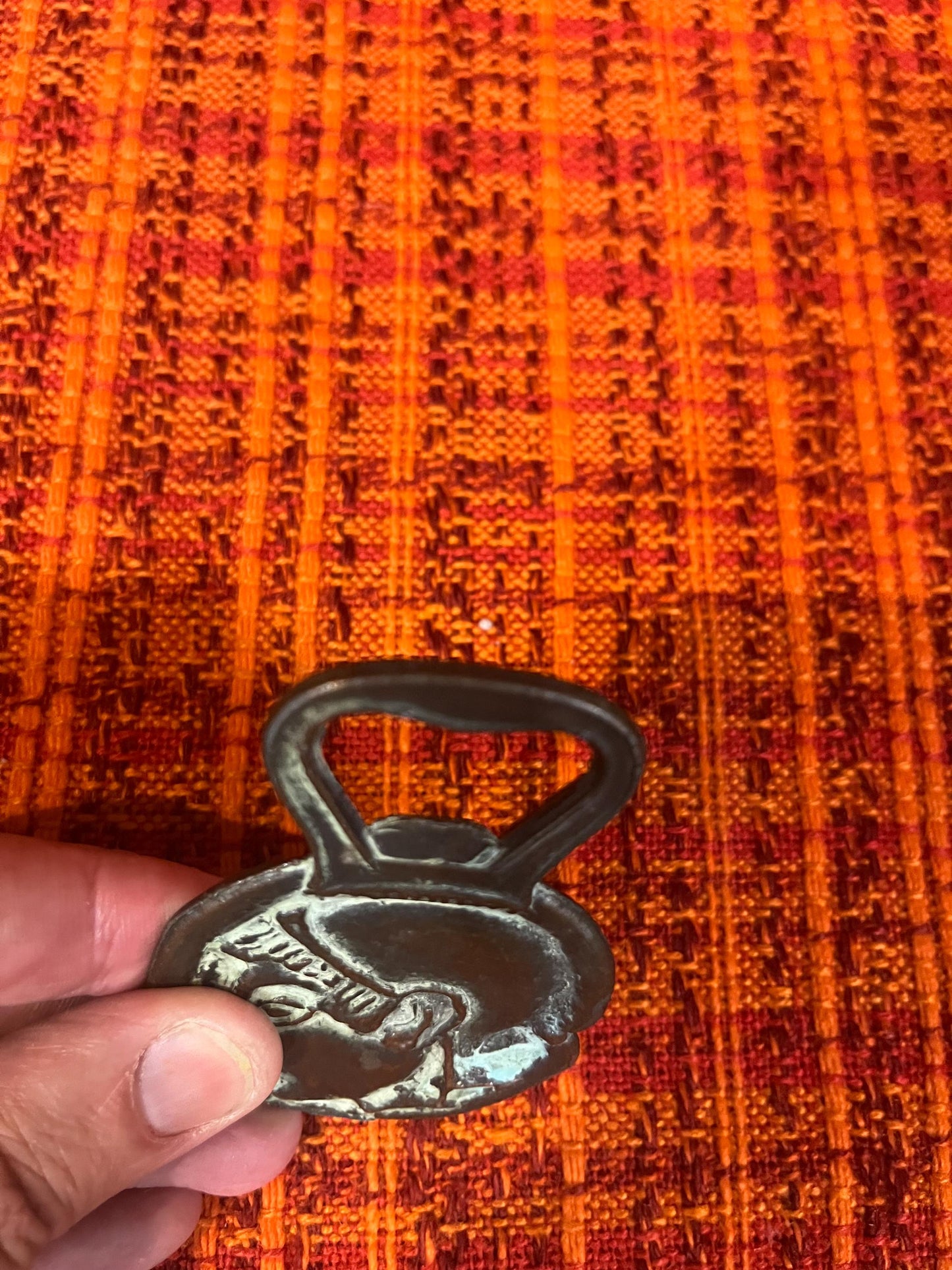 Cool old Roman 3 inch bronze bottle opener  owl and Roman head  great patina