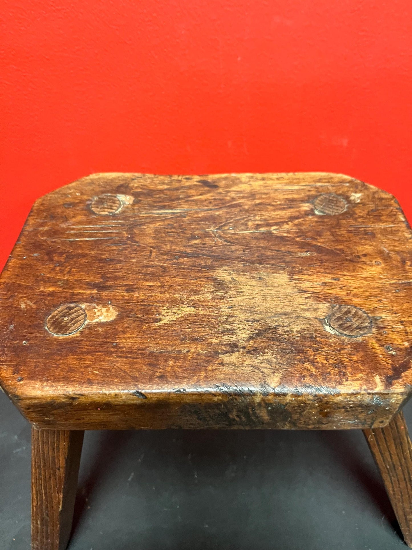 Stunning 14 x 8 x 11 high antique solid wood Canadian stool  dreamy patina  wonderful quality