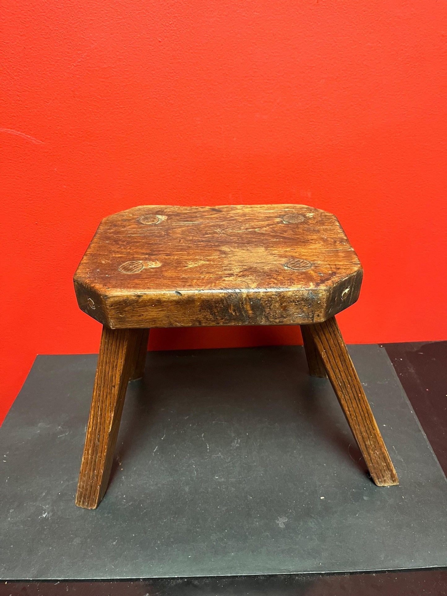 Stunning 14 x 8 x 11 high antique solid wood Canadian stool  dreamy patina  wonderful quality