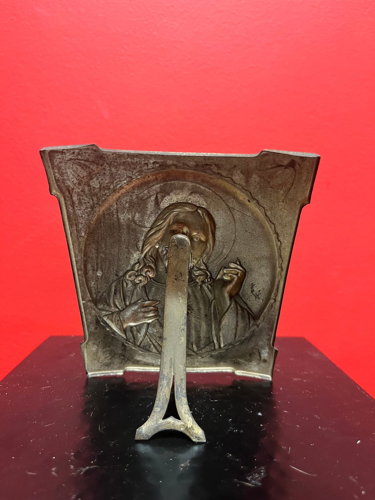 Lovely, religious arts and crafts metal European plaque  5 x 4  stands alone    Great gift