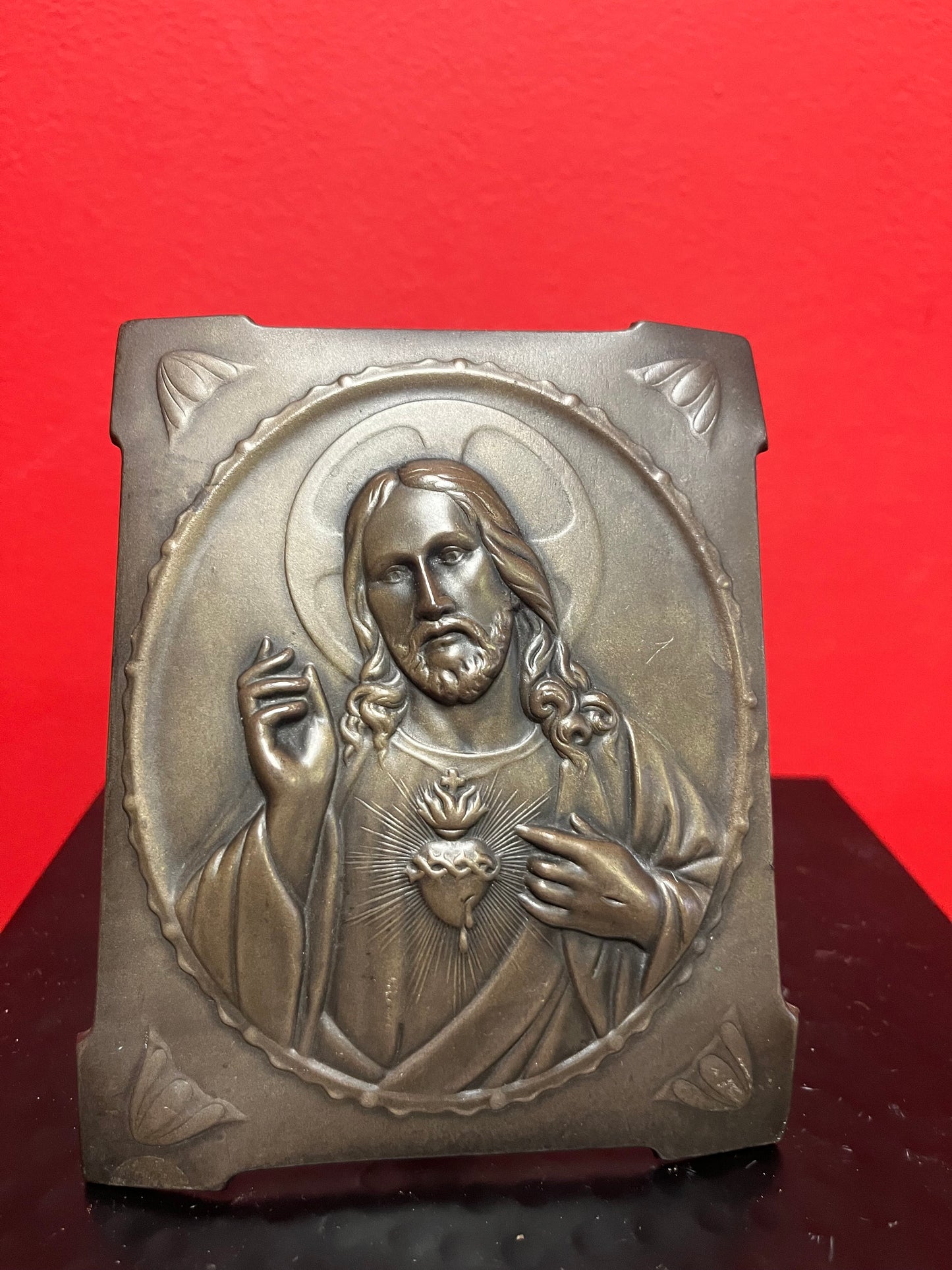 Lovely, religious arts and crafts metal European plaque  5 x 4  stands alone    Great gift