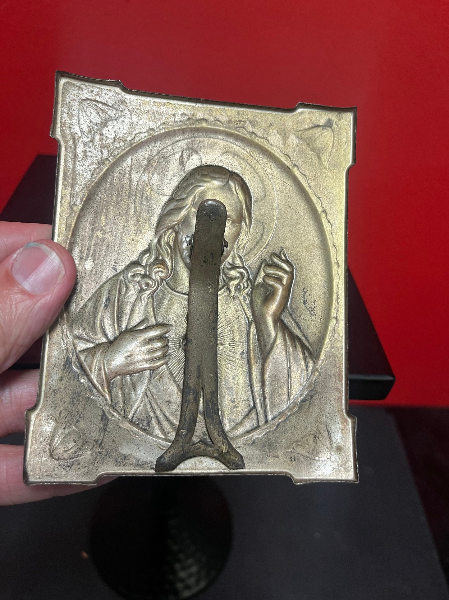 Lovely, religious arts and crafts metal European plaque  5 x 4  stands alone    Great gift