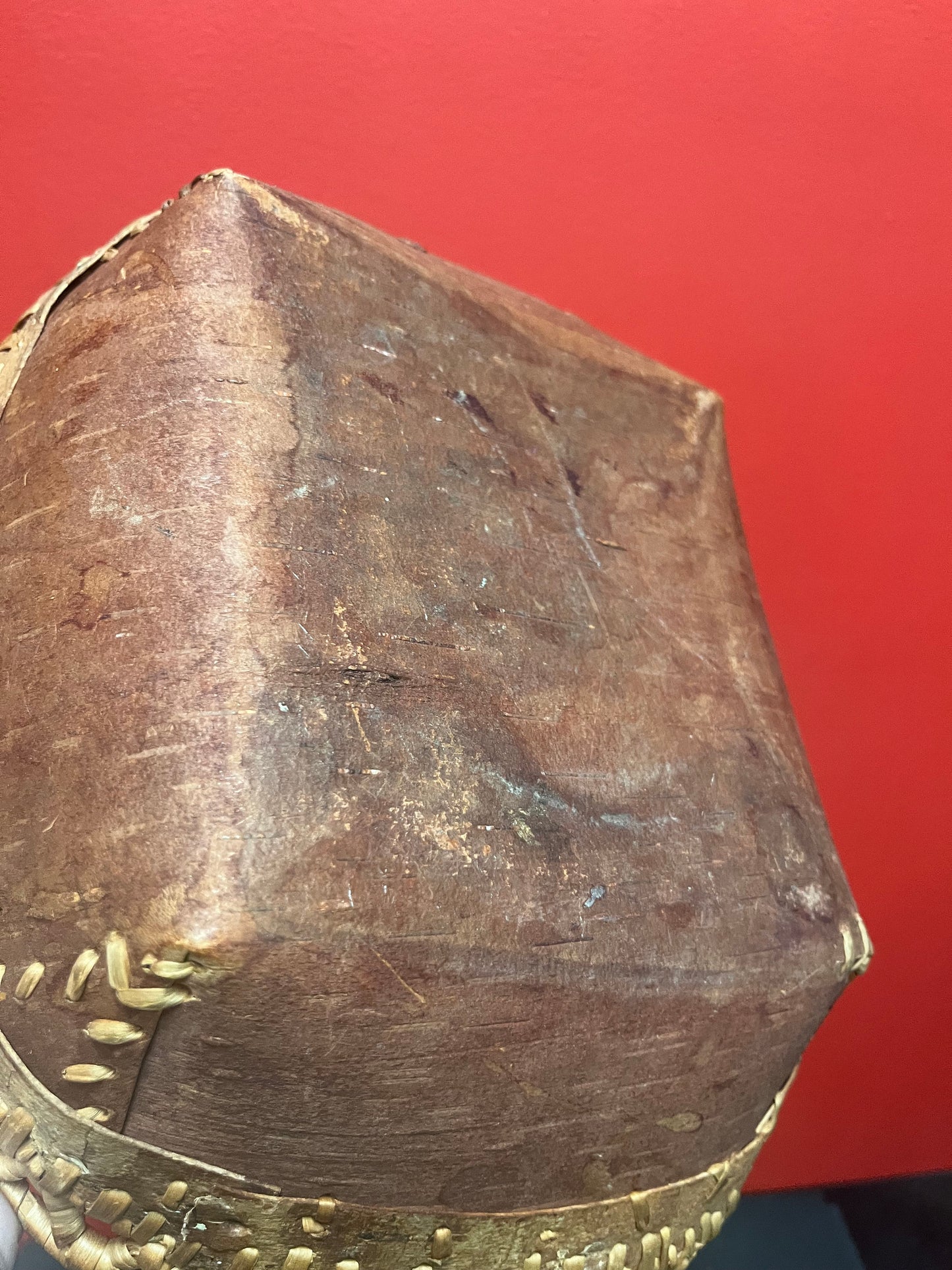 Lovely 12 x 9 x 4 high Canadian indigenous first nations Cedar bark basket with amazing lattice work  unusual, and good condition