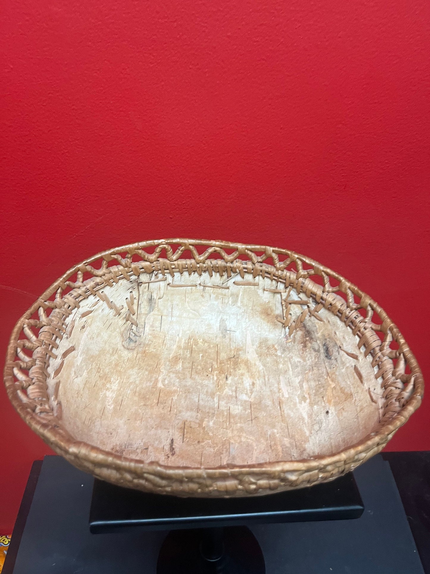 Lovely 12 x 9 x 4 high Canadian indigenous first nations Cedar bark basket with amazing lattice work  unusual, and good condition