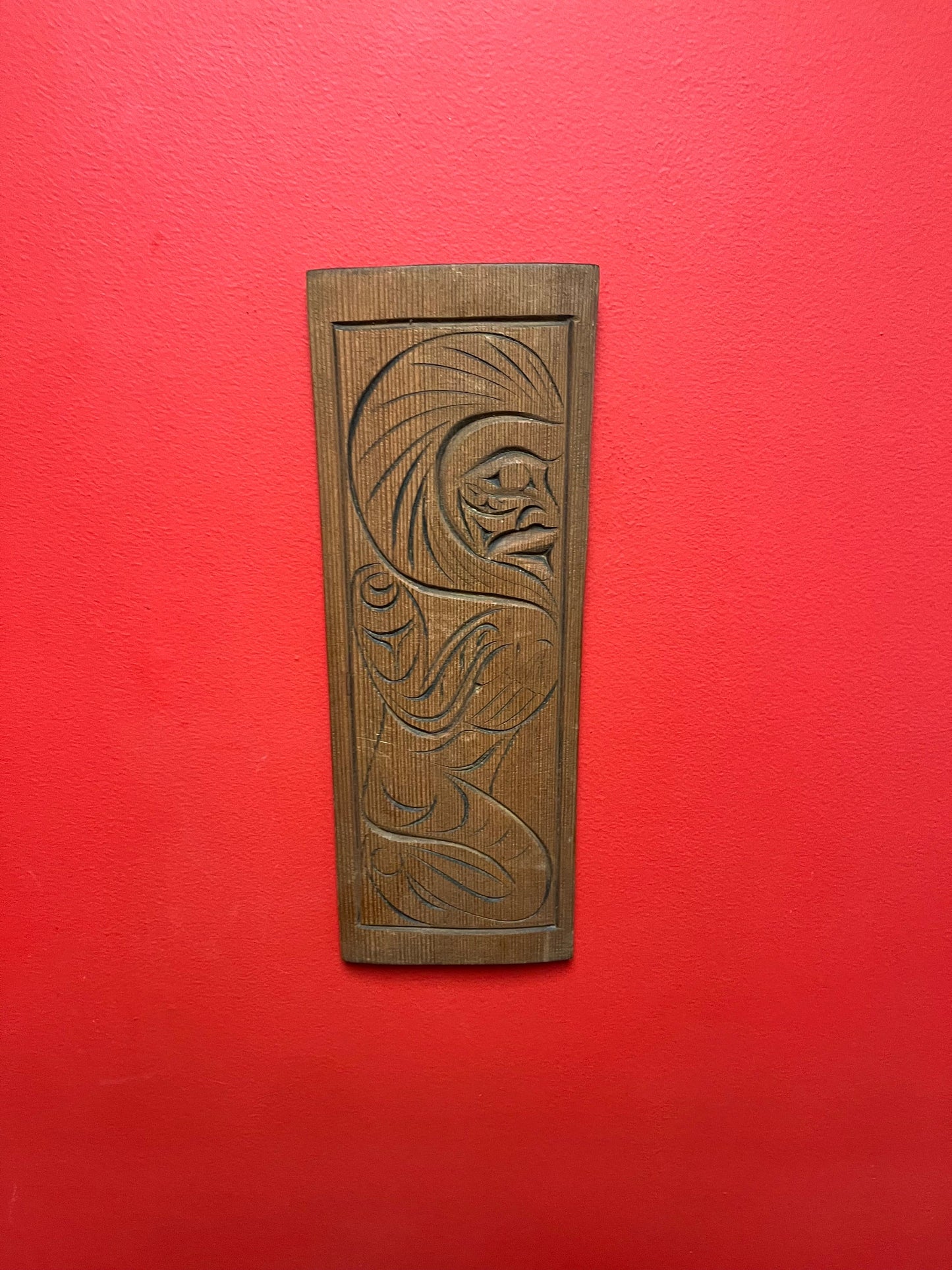 15 x 5 1/2 indigenous first nations Pacific Northwest coast wild man plaque by Stephen Charlie  unique imagery