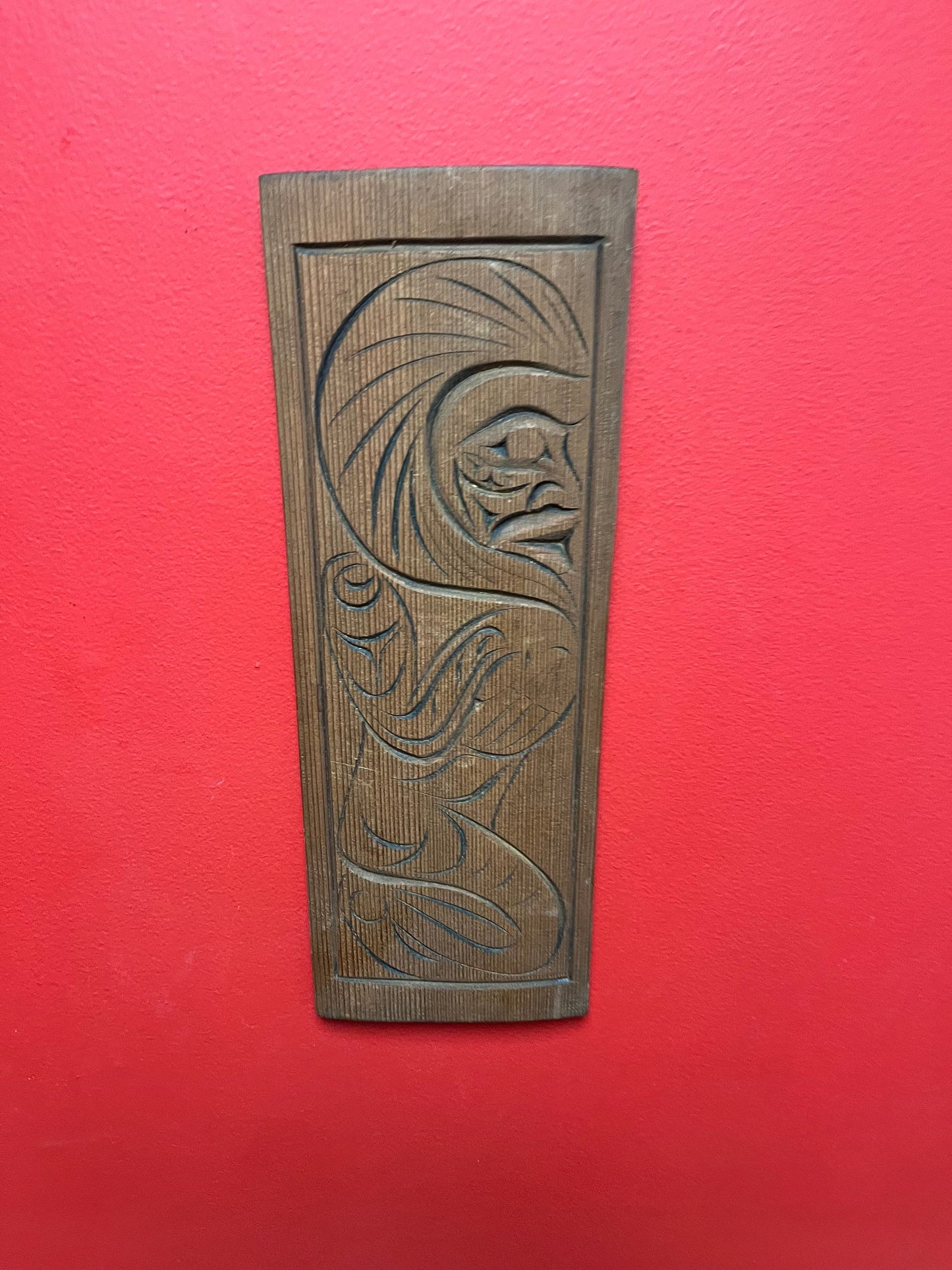 15 x 5 1/2 indigenous first nations Pacific Northwest coast wild man plaque by Stephen Charlie  unique imagery