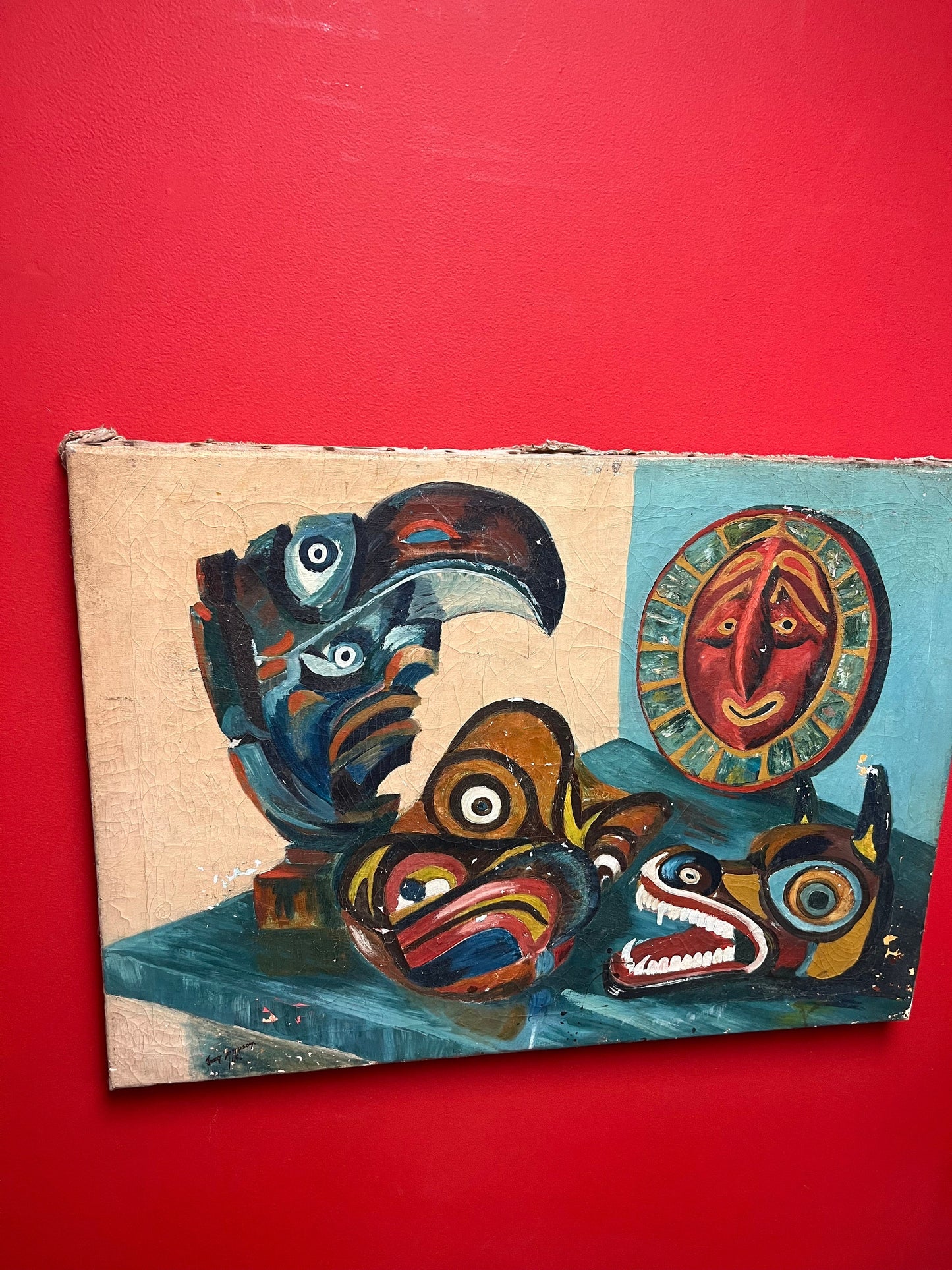 Wonderful rare museum quality signed 30 x 21 indigenous first nations Pacific northwest coast painting - amazing imagery- some paint damage
