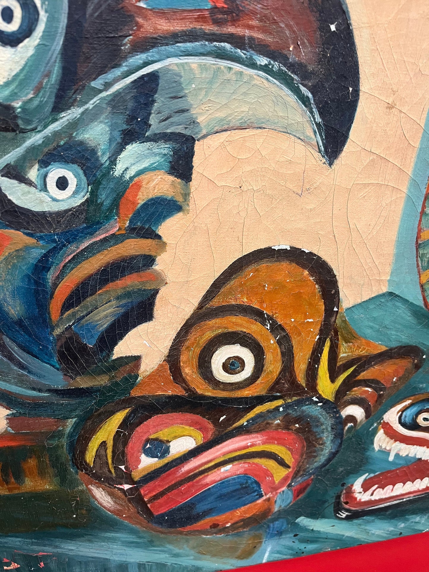 Wonderful rare museum quality signed 30 x 21 indigenous first nations Pacific northwest coast painting - amazing imagery- some paint damage