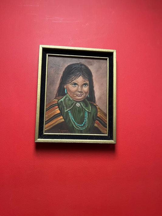 Wonderful 1970s signed indigenous Navajo original painting of a young woman  intense detail and beautiful imagery
