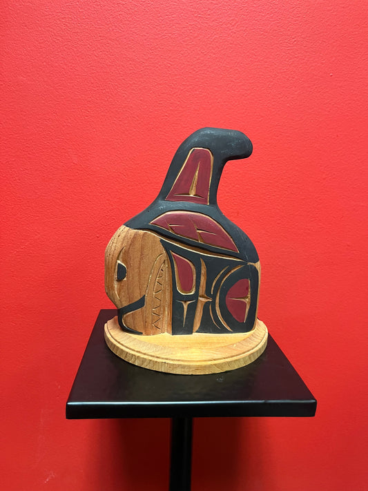 Fabulous 9 inch tall signed indigenous first nations Pacific Northwest Coast double sided killer whale on stand