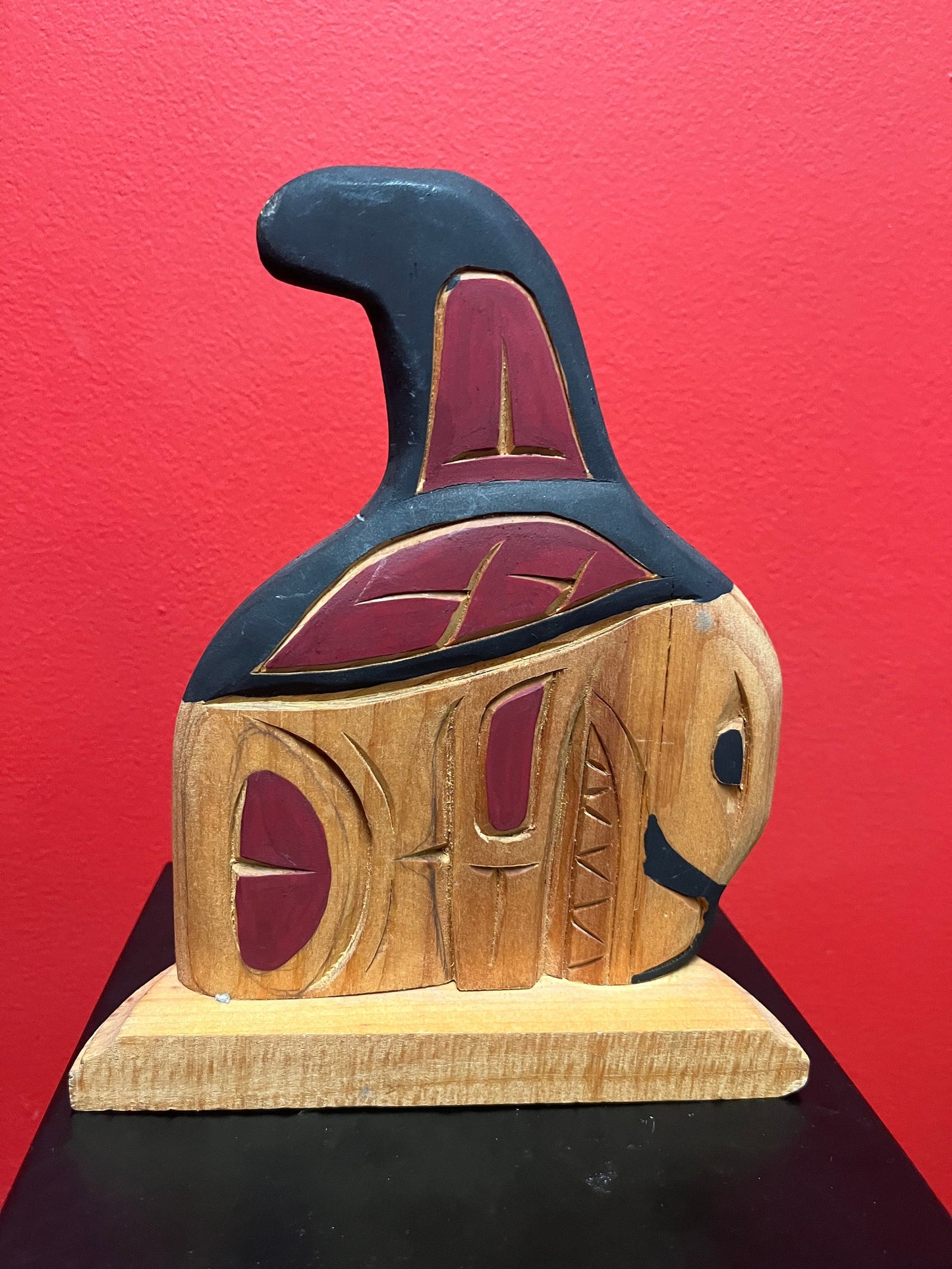 Fabulous 9 inch tall signed indigenous first nations Pacific Northwest Coast double sided killer whale on stand