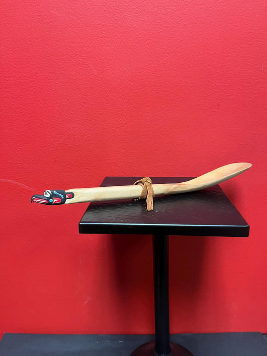 Lovely 12 inch long signed indigenous first nations Pacific Northwest Coast eagle spoon with copper eyes - so cool