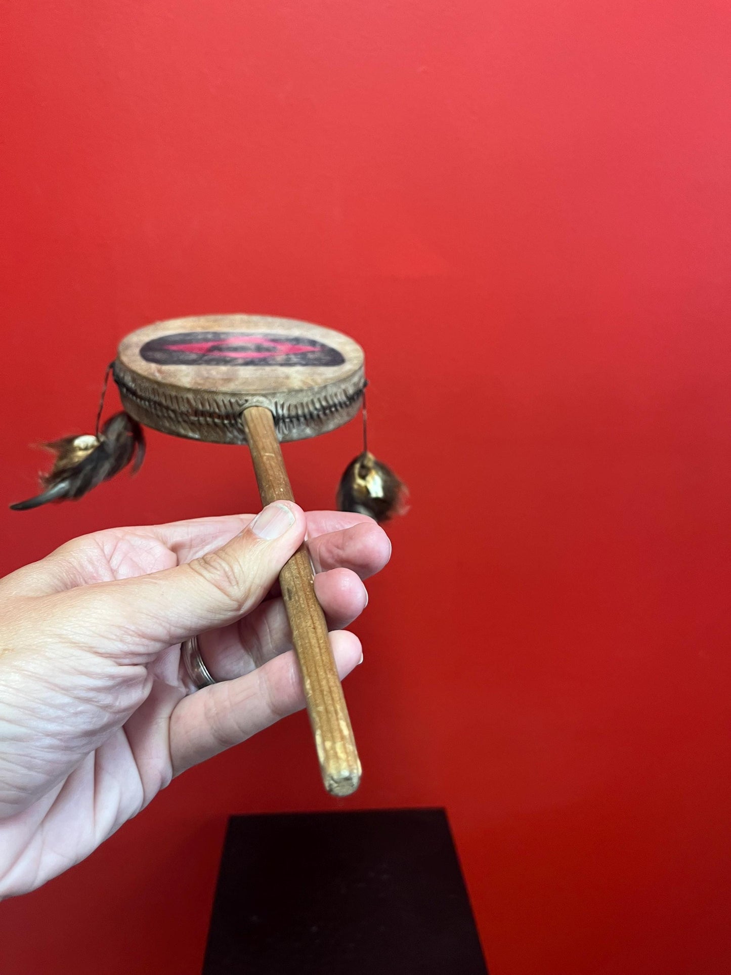 Lovely 14 x 5 wide indigenous first nation specific northwest coast antique drum with great sound  probably ceremonial piece