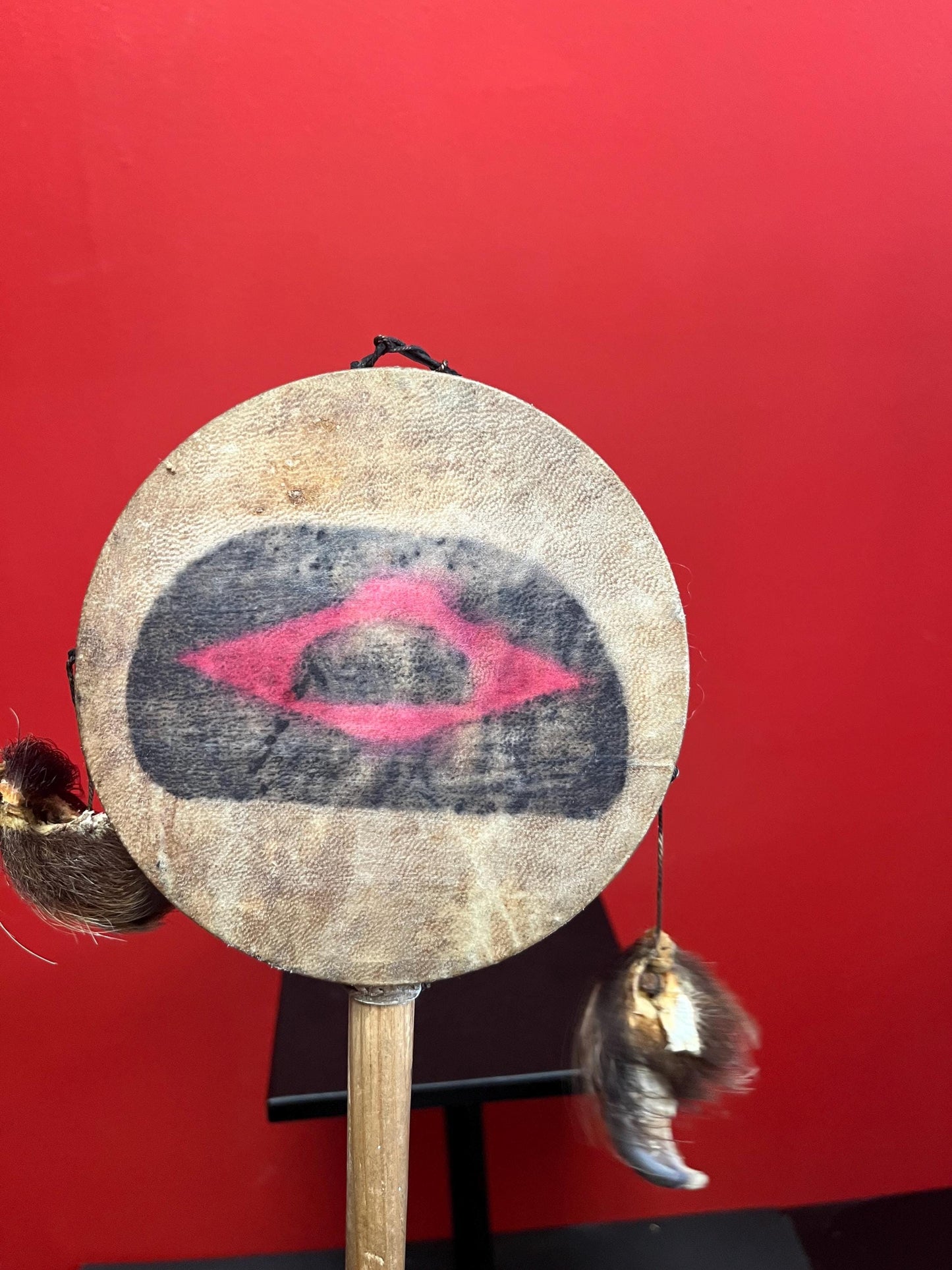 Lovely 14 x 5 wide indigenous first nation specific northwest coast antique drum with great sound  probably ceremonial piece