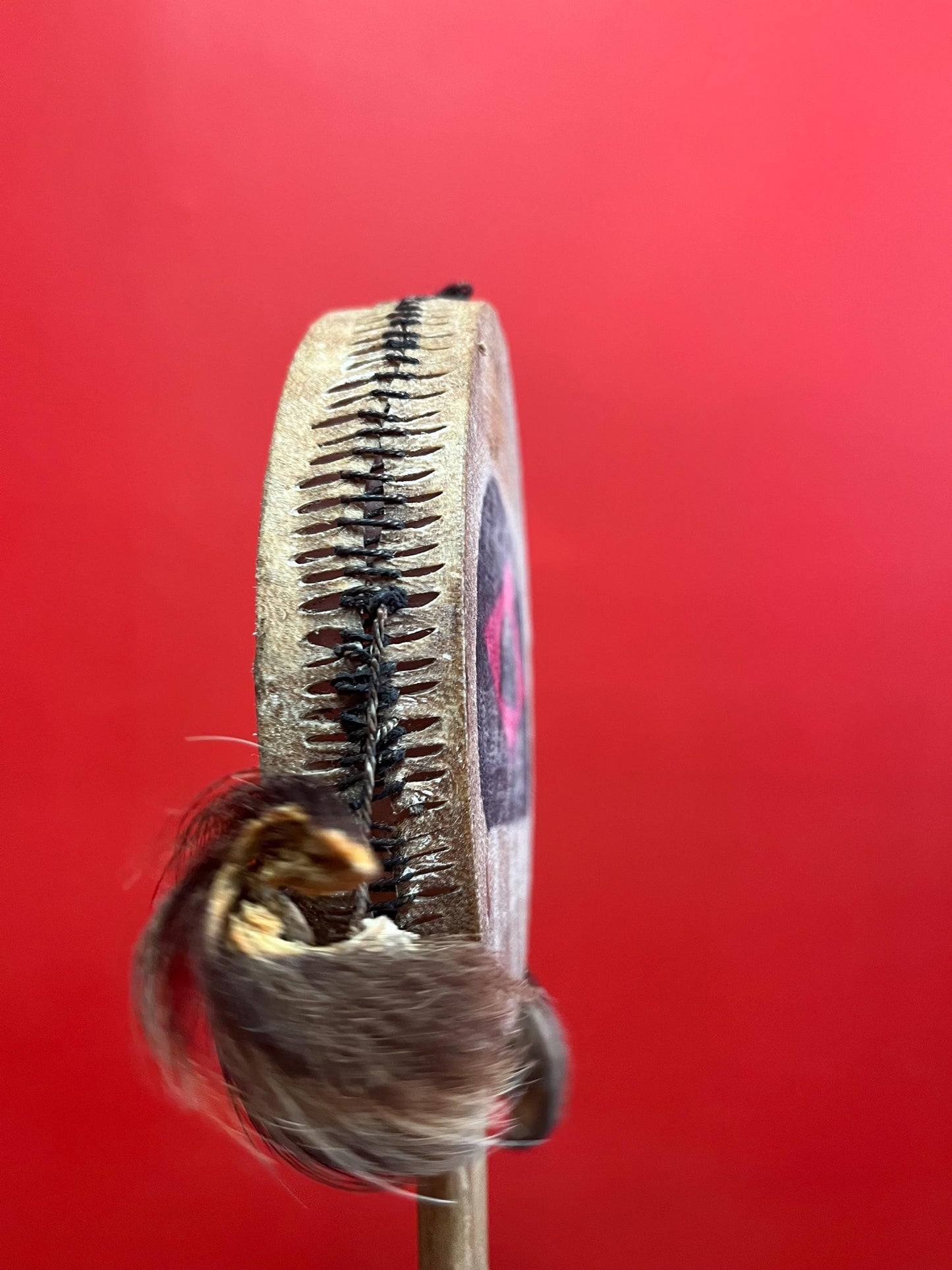 Lovely 14 x 5 wide indigenous first nation specific northwest coast antique drum with great sound  probably ceremonial piece