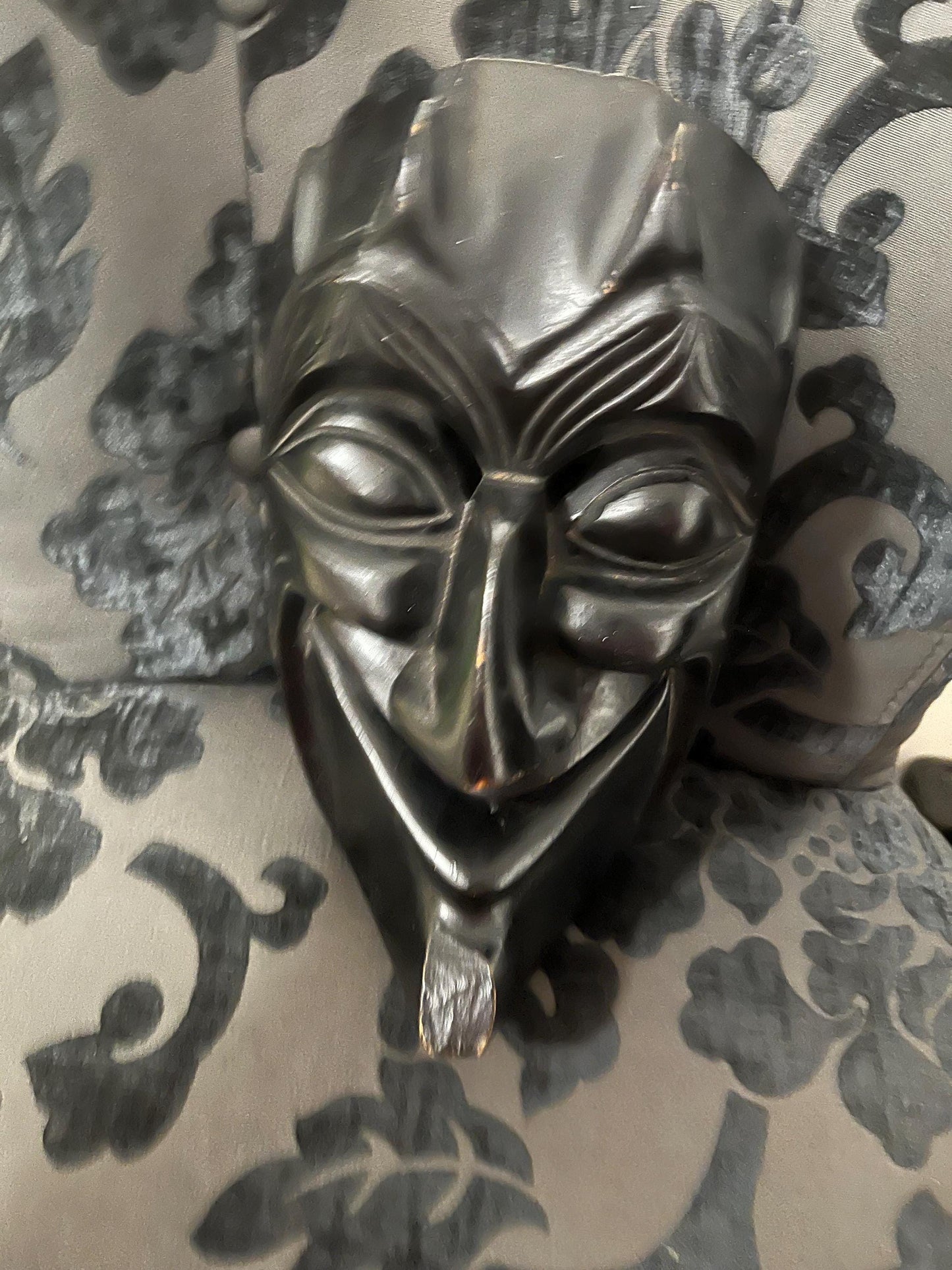Lovely older Japanese 10 x 6 wide wooden dancing mask representing the devil   needs a hanger