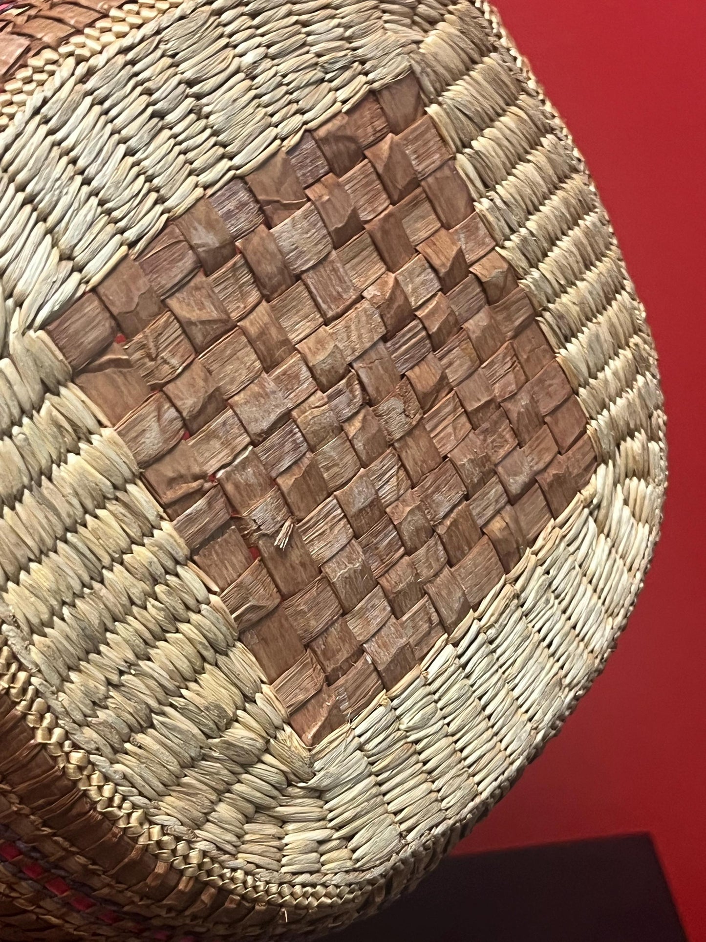 Beautiful 11 x 17 high North American, antique indigenous woven and cedar bark basket  Heavily decorated in great condition  Value priced
