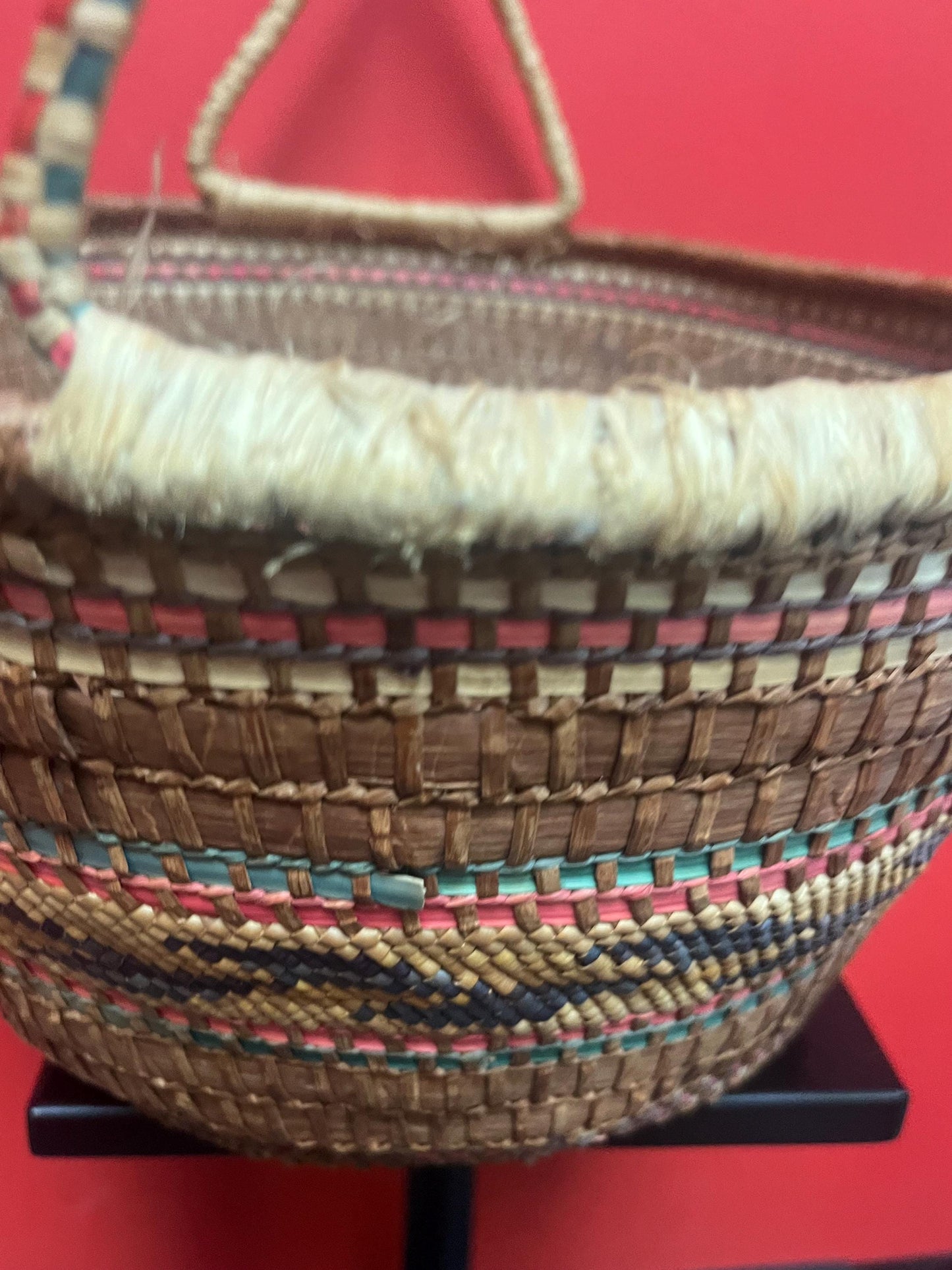 Beautiful 11 x 17 high North American, antique indigenous woven and cedar bark basket  Heavily decorated in great condition  Value priced
