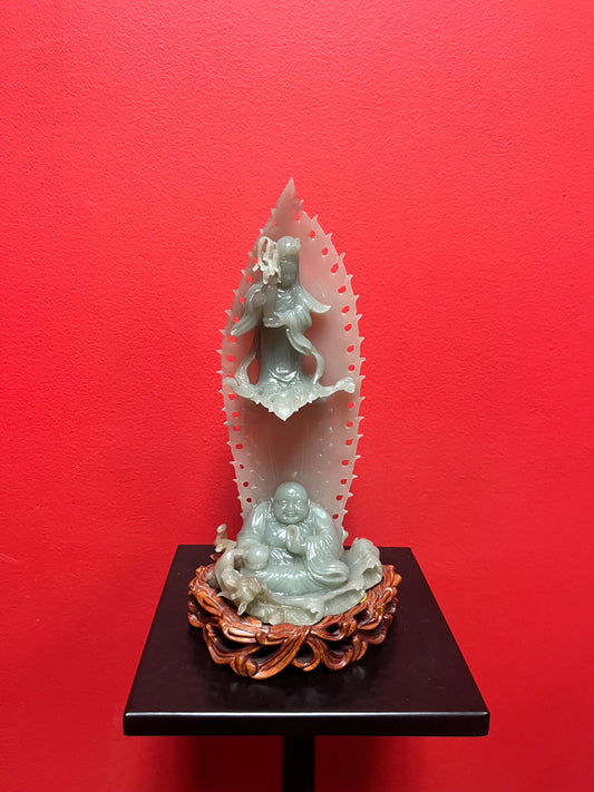 Stunning museum quality 10.5 x 5 wide Chinese jade statue on Rosewood stand From important estate  Wonderful detail Amazing value