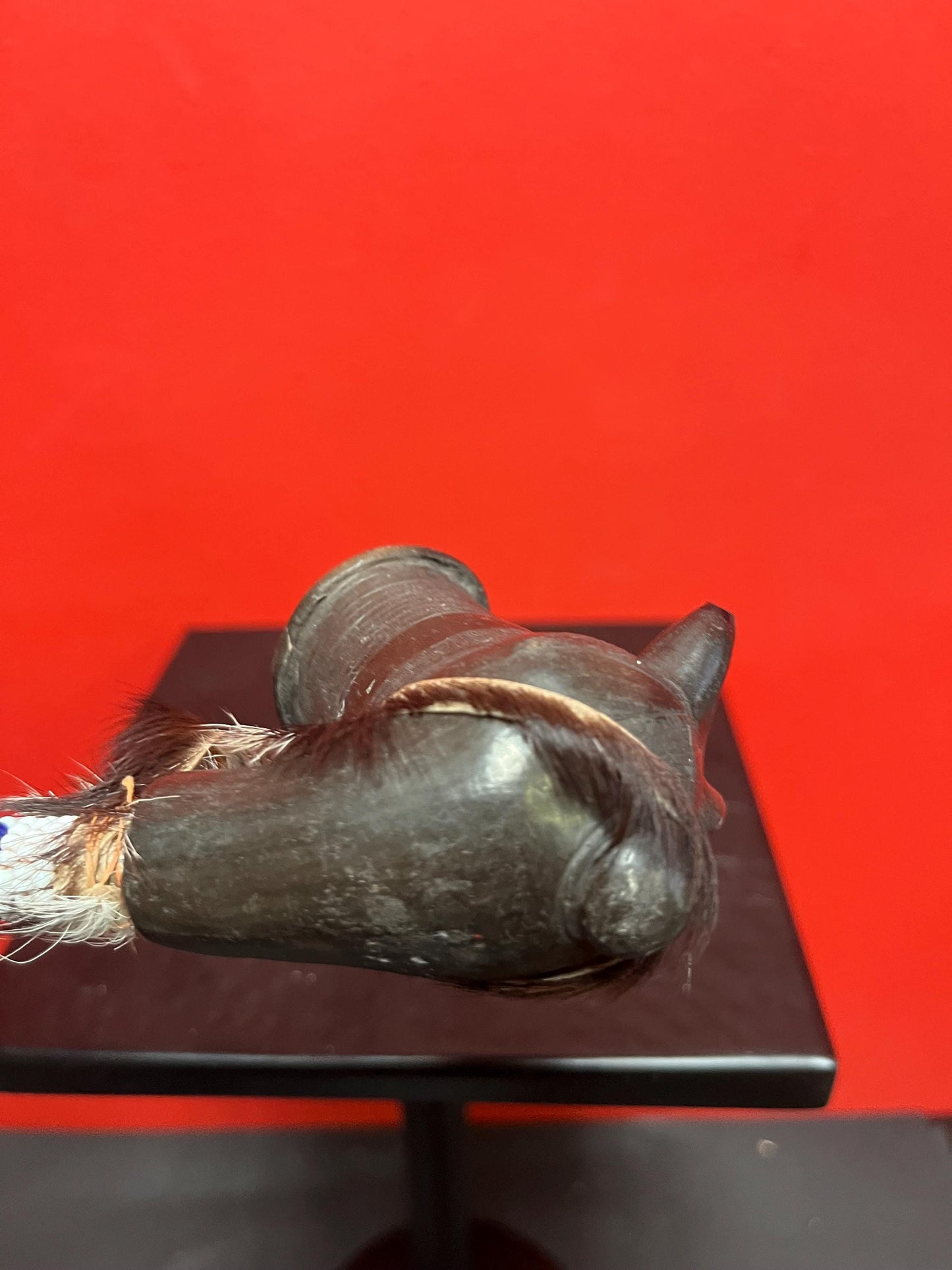 Unique antique rare 9 x 3“ high South American Clay wood beads, and feather pipe  little as is  great value