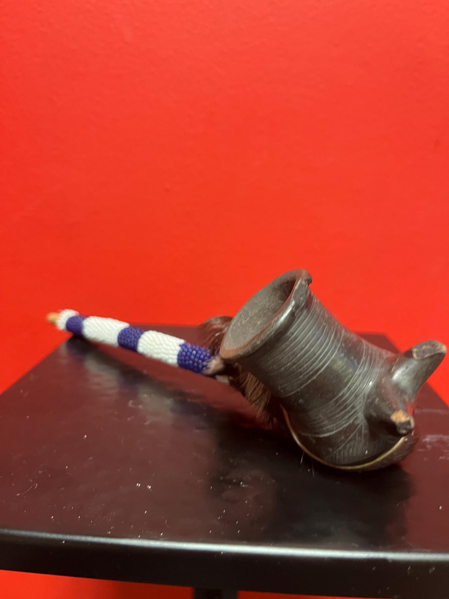 Unique antique rare 9 x 3“ high South American Clay wood beads, and feather pipe  little as is  great value