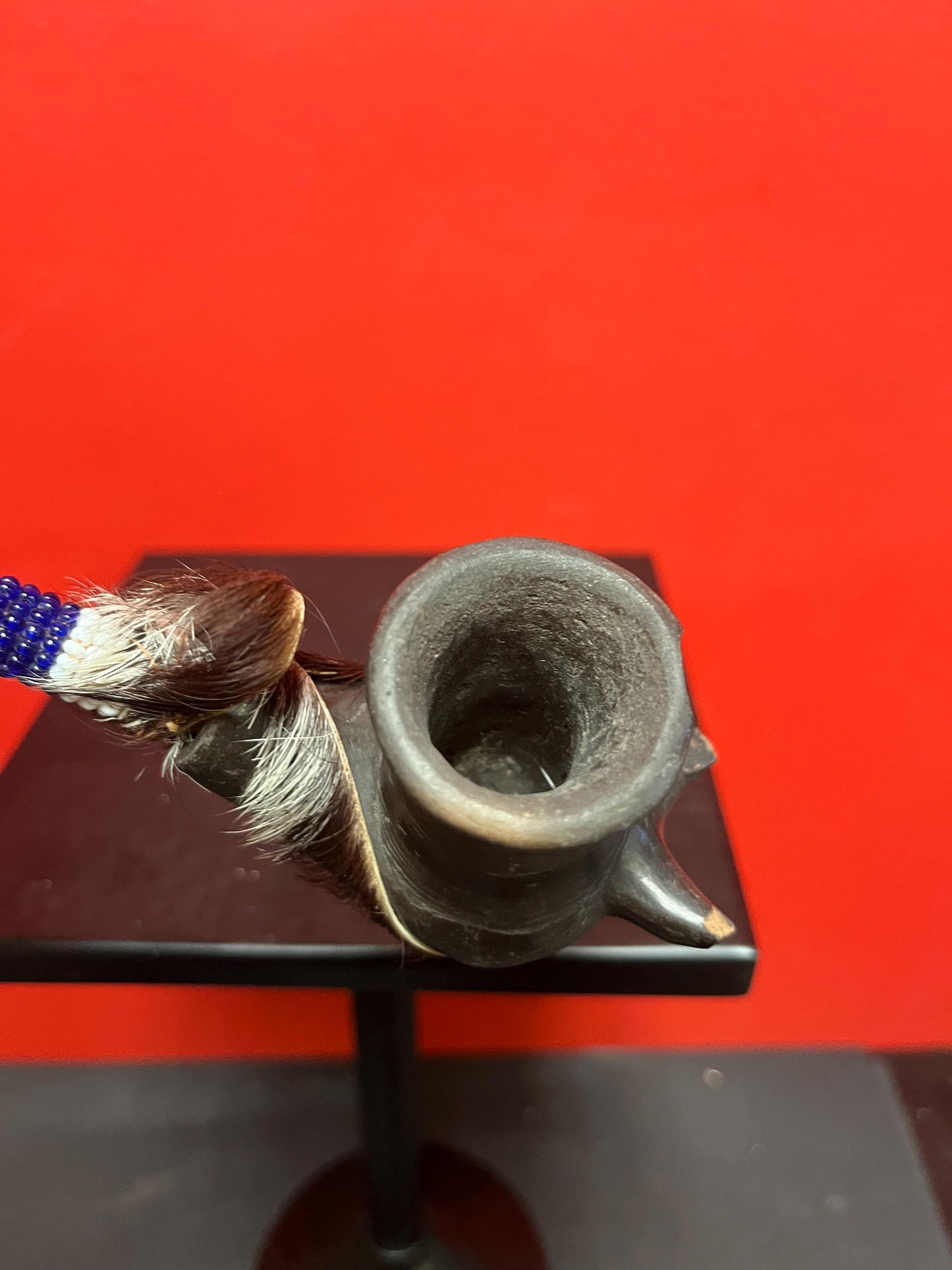 Unique antique rare 9 x 3“ high South American Clay wood beads, and feather pipe  little as is  great value