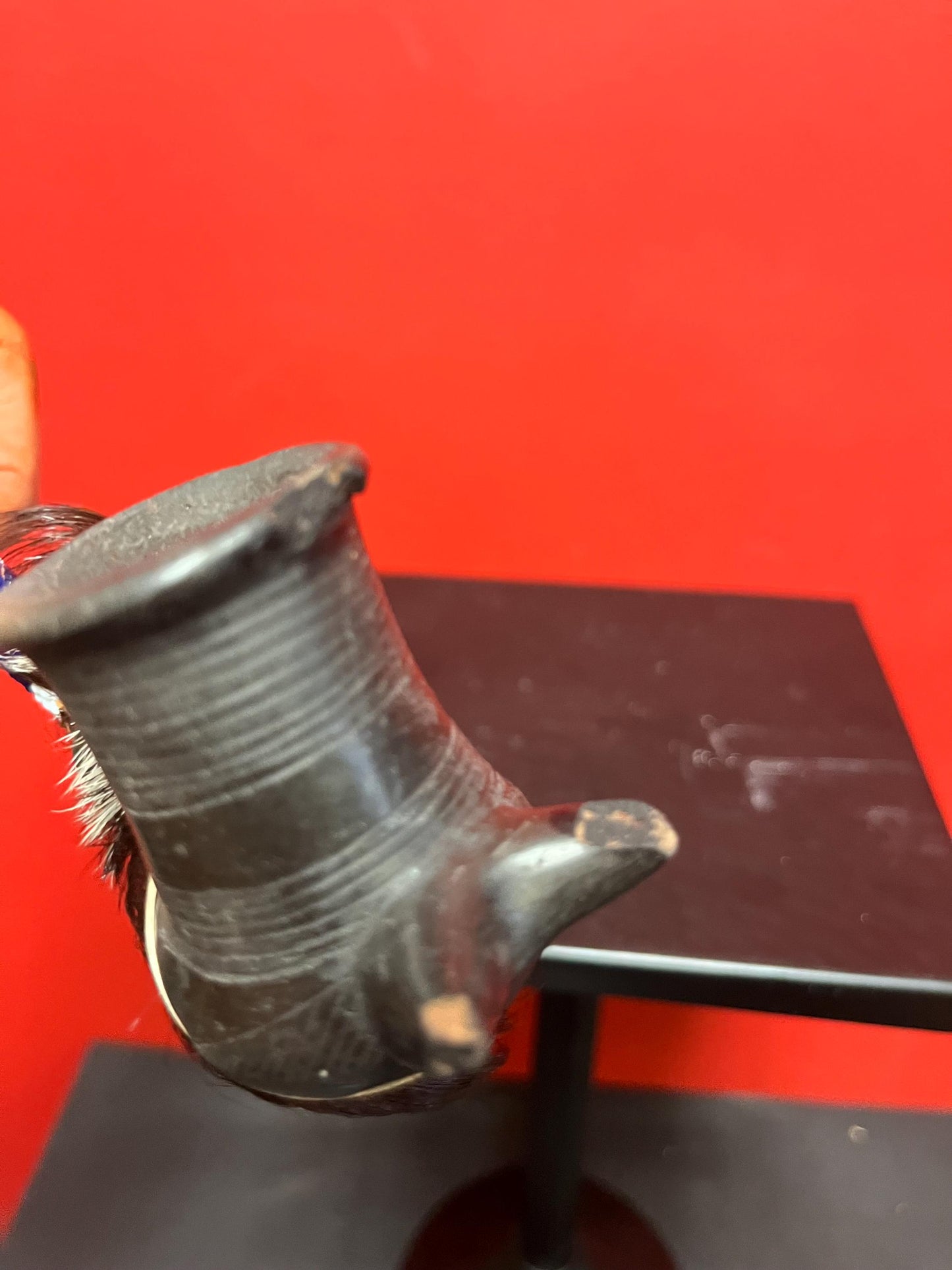 Unique antique rare 9 x 3“ high South American Clay wood beads, and feather pipe  little as is  great value