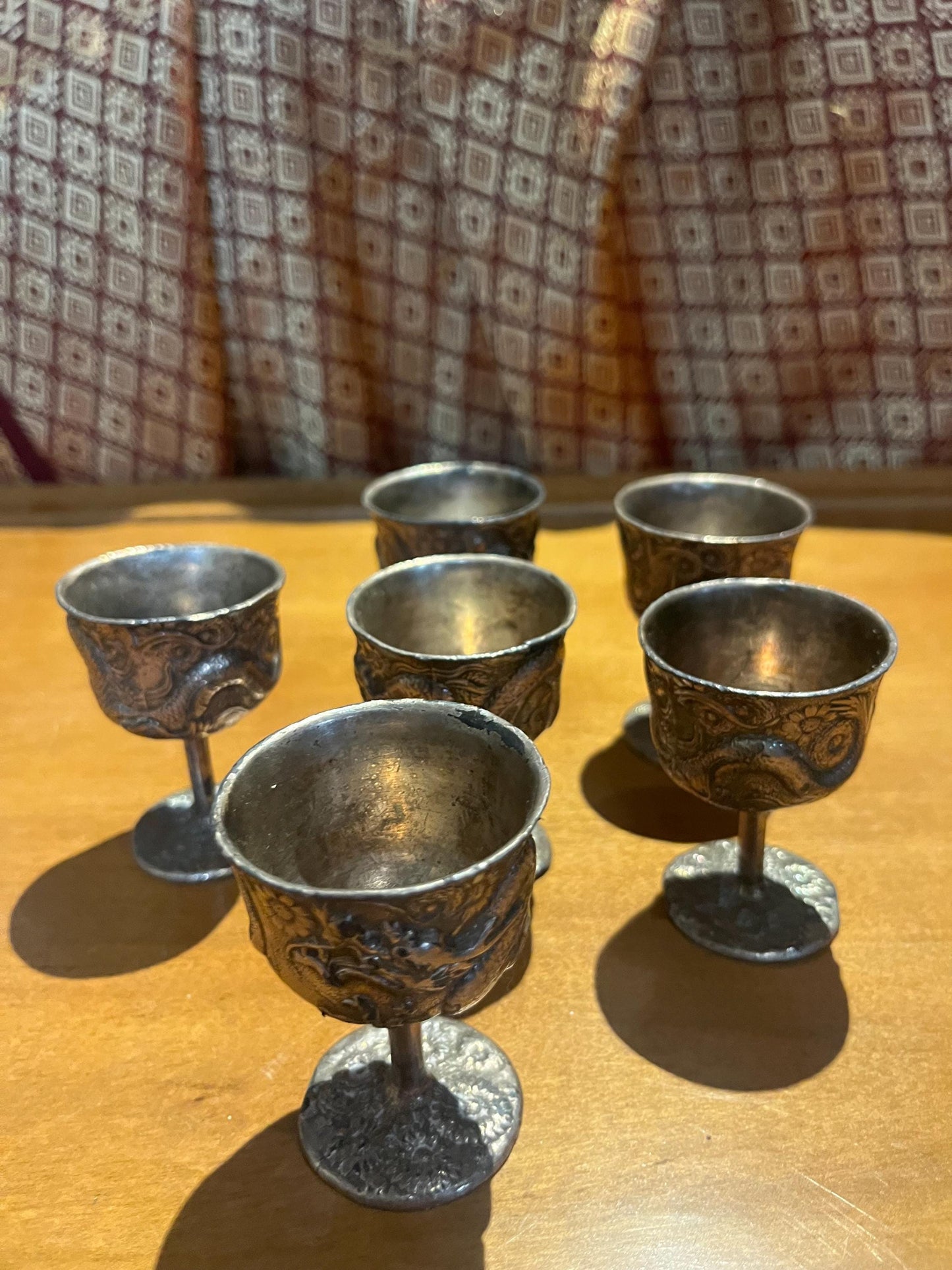 Set of six Chinese silver untested dragon cups   2 1/2 inches tall  great value  Chinese dragons should rule the world