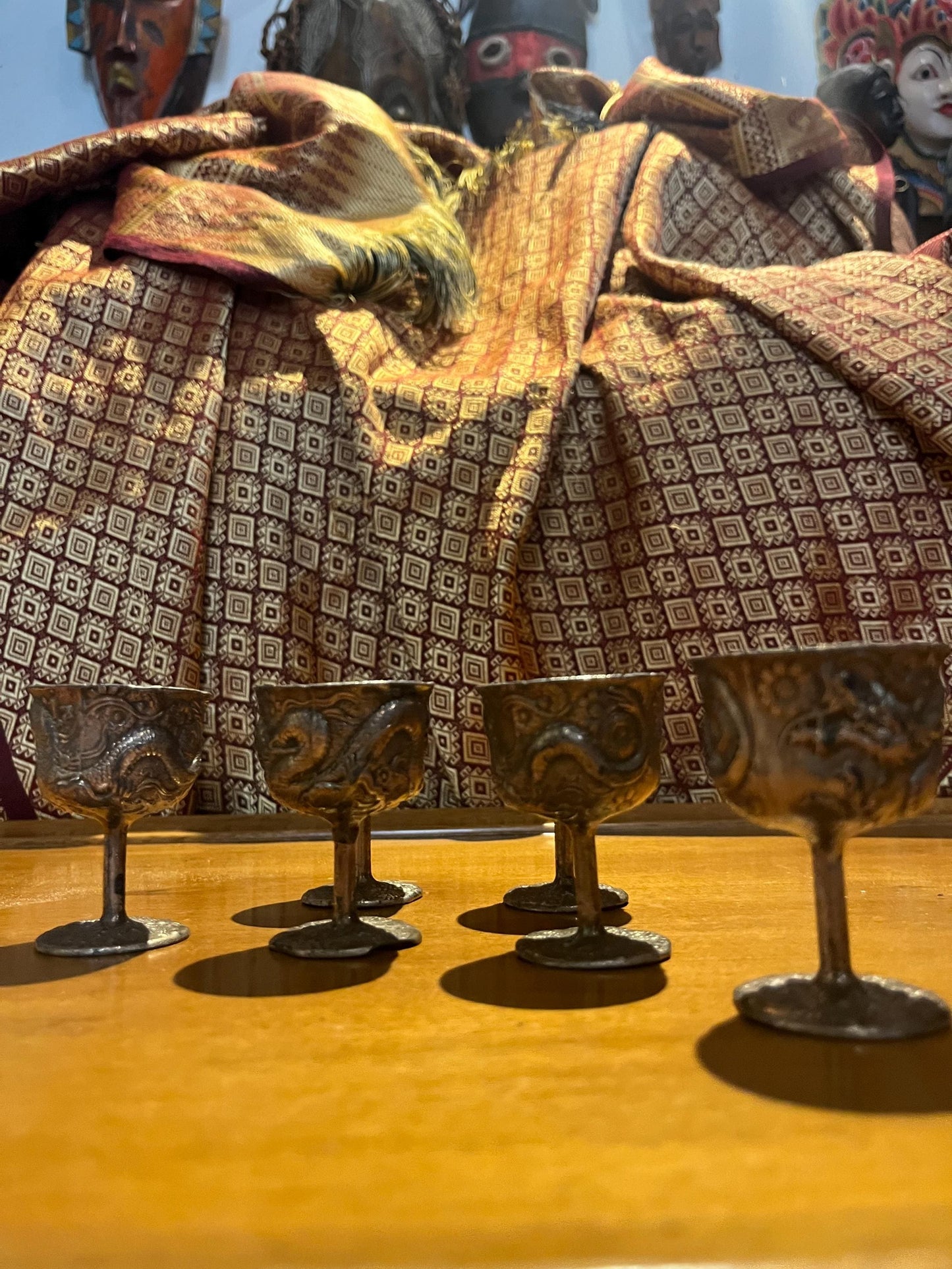 Set of six Chinese silver untested dragon cups   2 1/2 inches tall  great value  Chinese dragons should rule the world