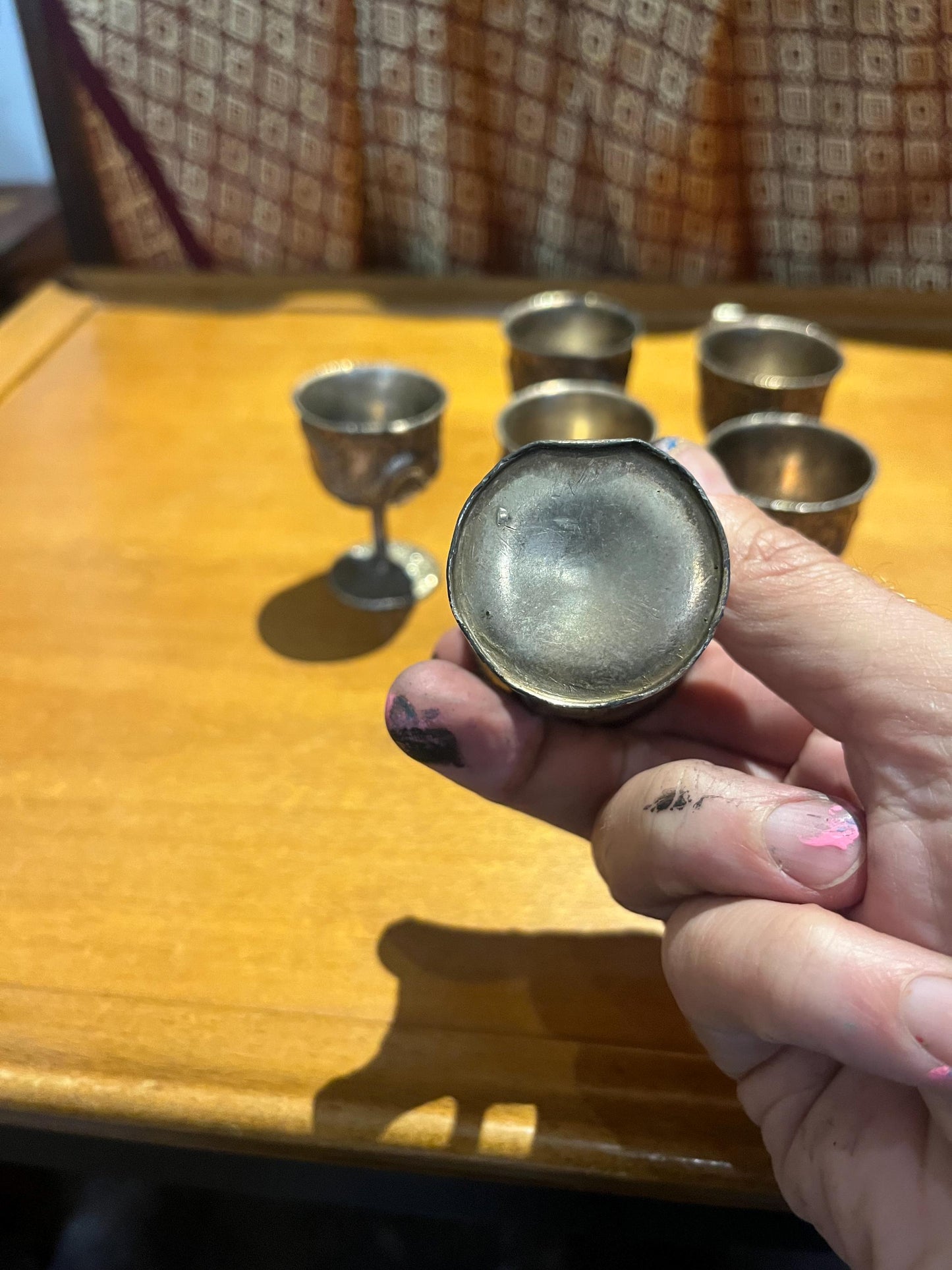 Set of six Chinese silver untested dragon cups   2 1/2 inches tall  great value  Chinese dragons should rule the world