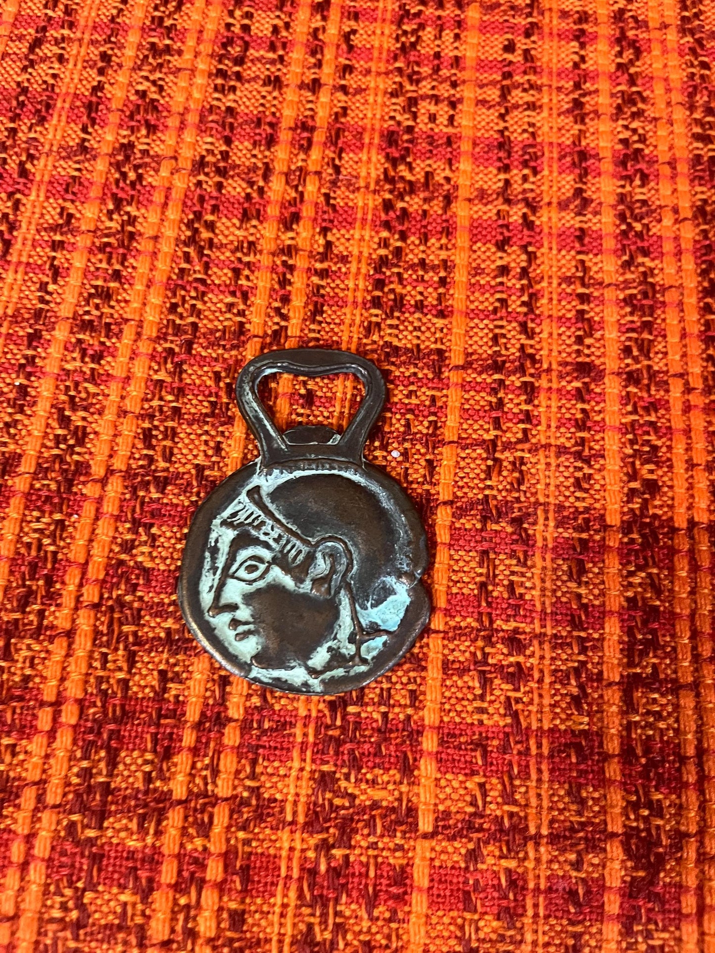 Cool old Roman 3 inch bronze bottle opener  owl and Roman head  great patina