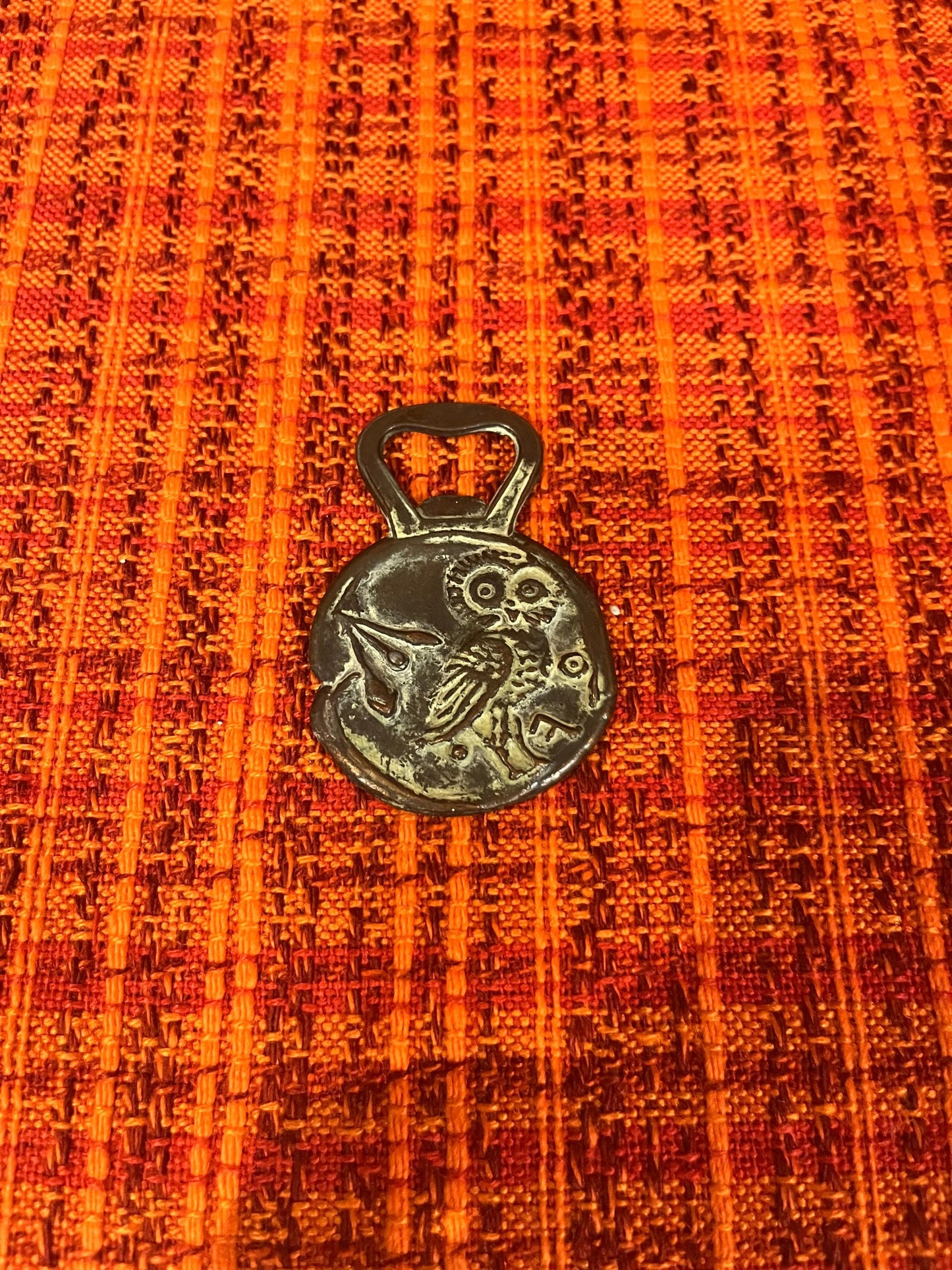 Cool old Roman 3 inch bronze bottle opener  owl and Roman head  great patina