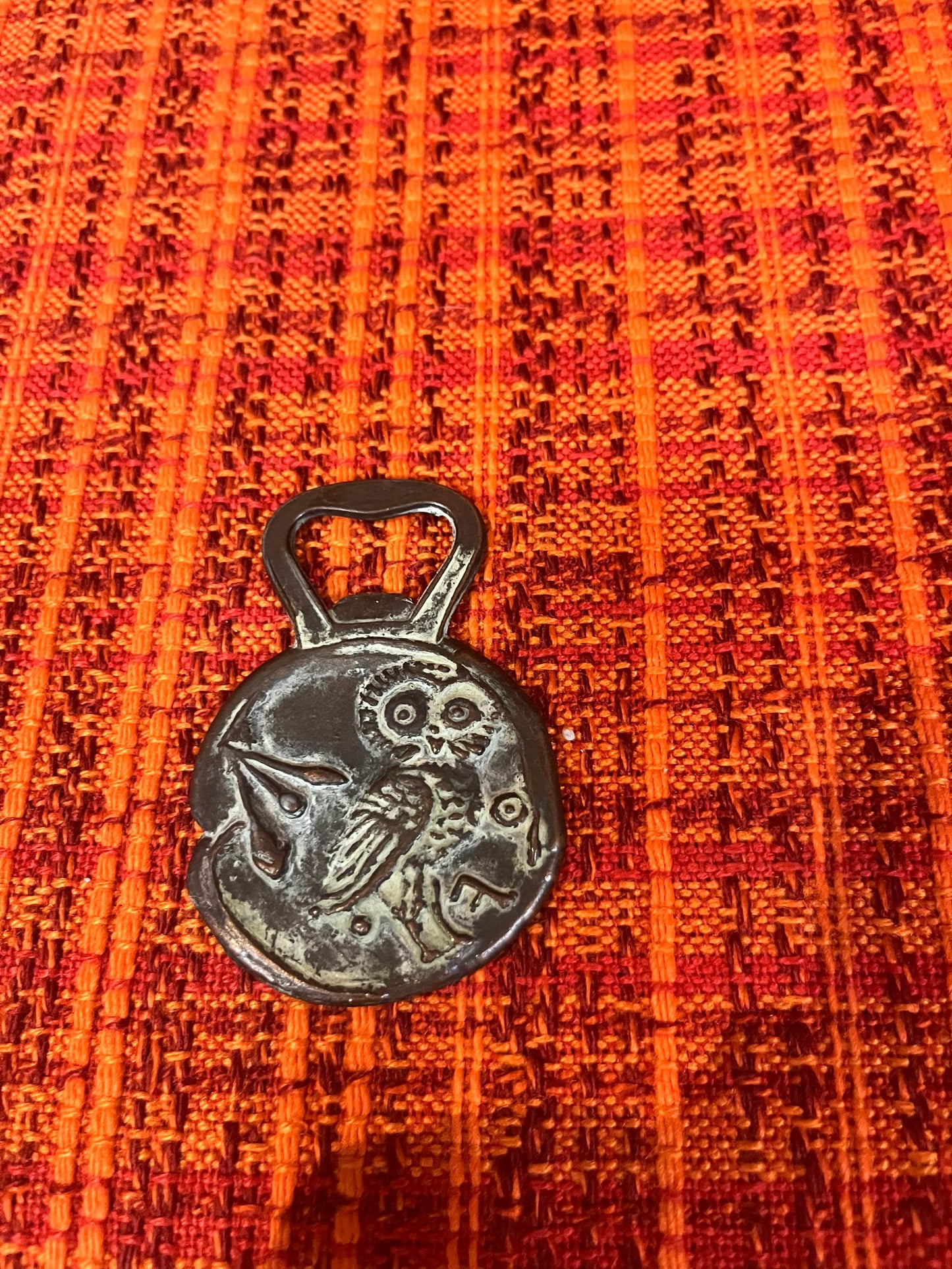 Cool old Roman 3 inch bronze bottle opener  owl and Roman head  great patina