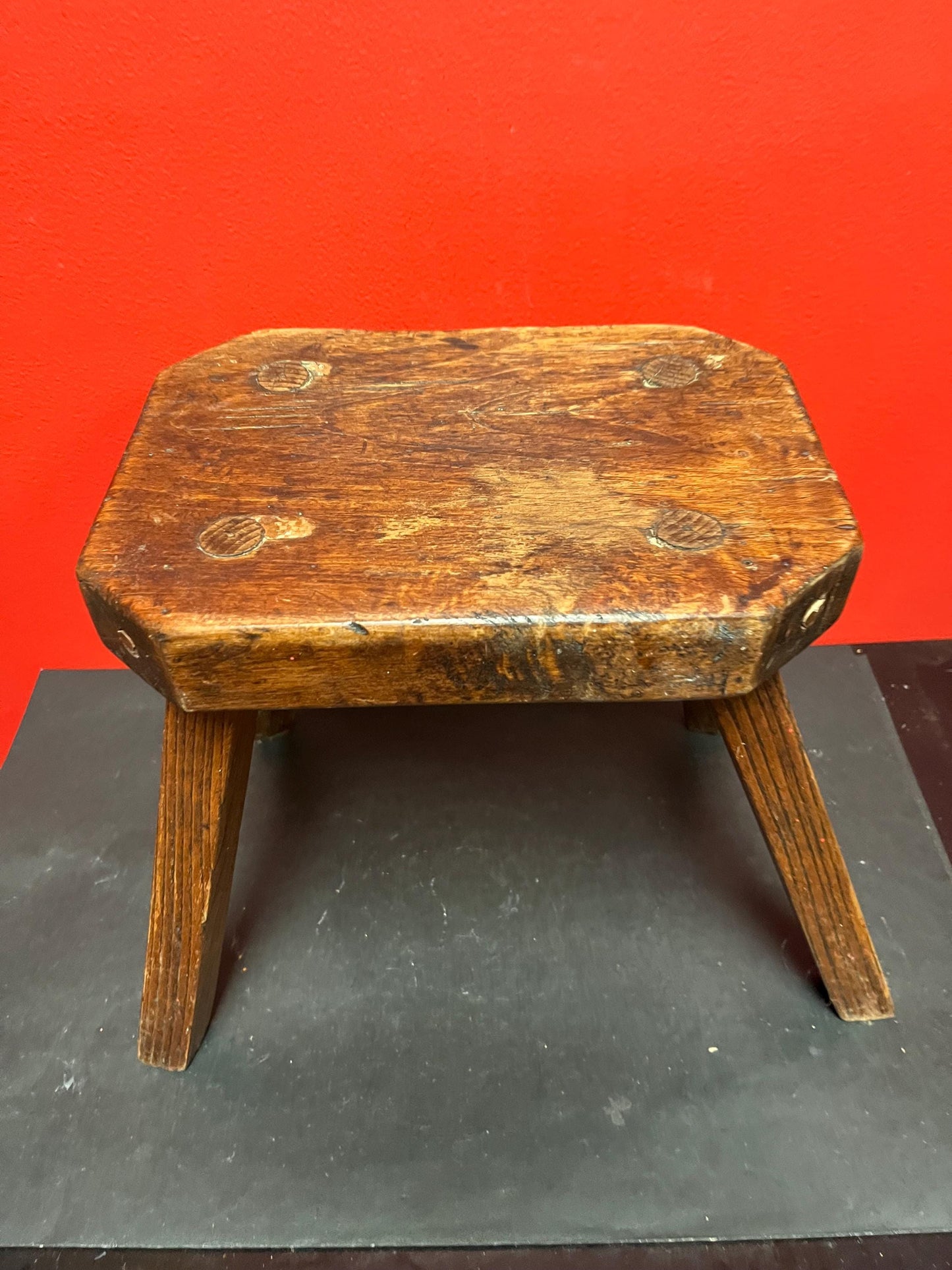 Stunning 14 x 8 x 11 high antique solid wood Canadian stool  dreamy patina  wonderful quality