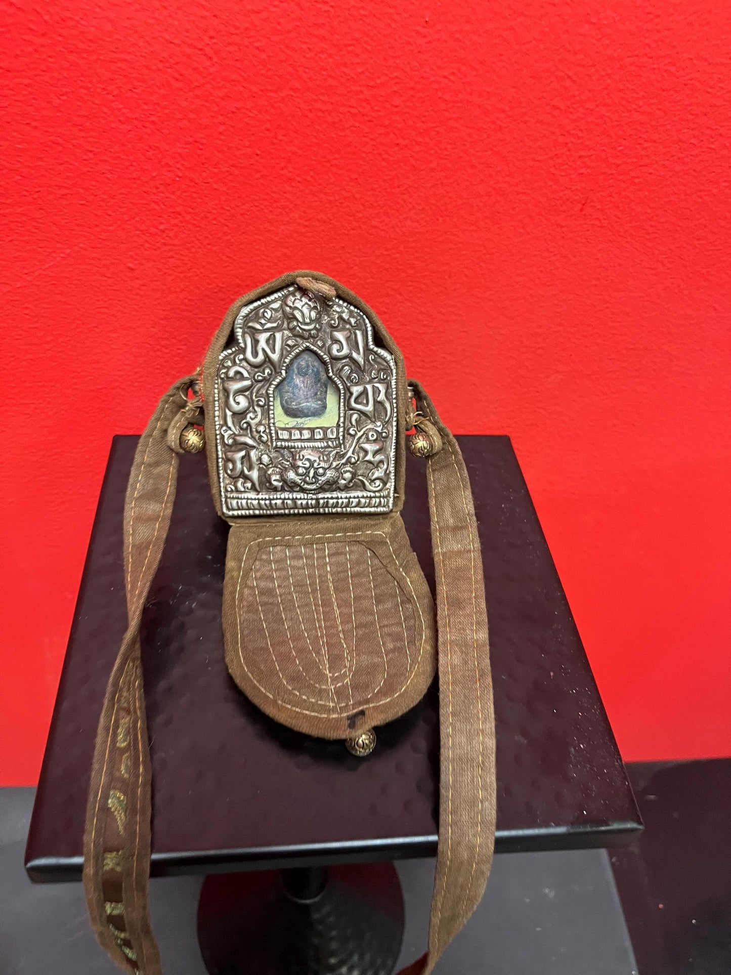 Antique 4 inch silver Tibetan travel icon with original pouch   unbelievably cool and great quality and condition - wow