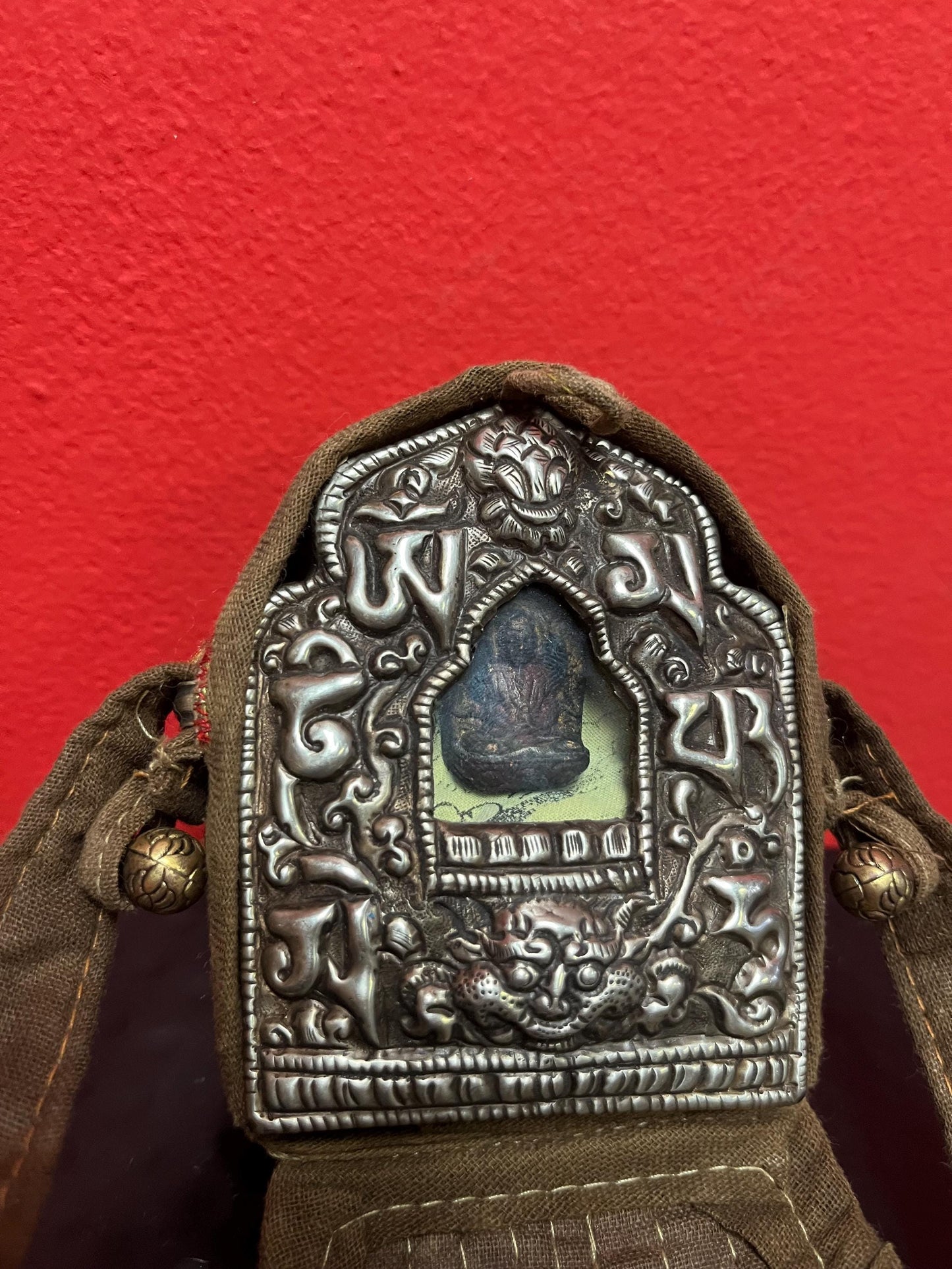 Antique 4 inch silver Tibetan travel icon with original pouch   unbelievably cool and great quality and condition - wow