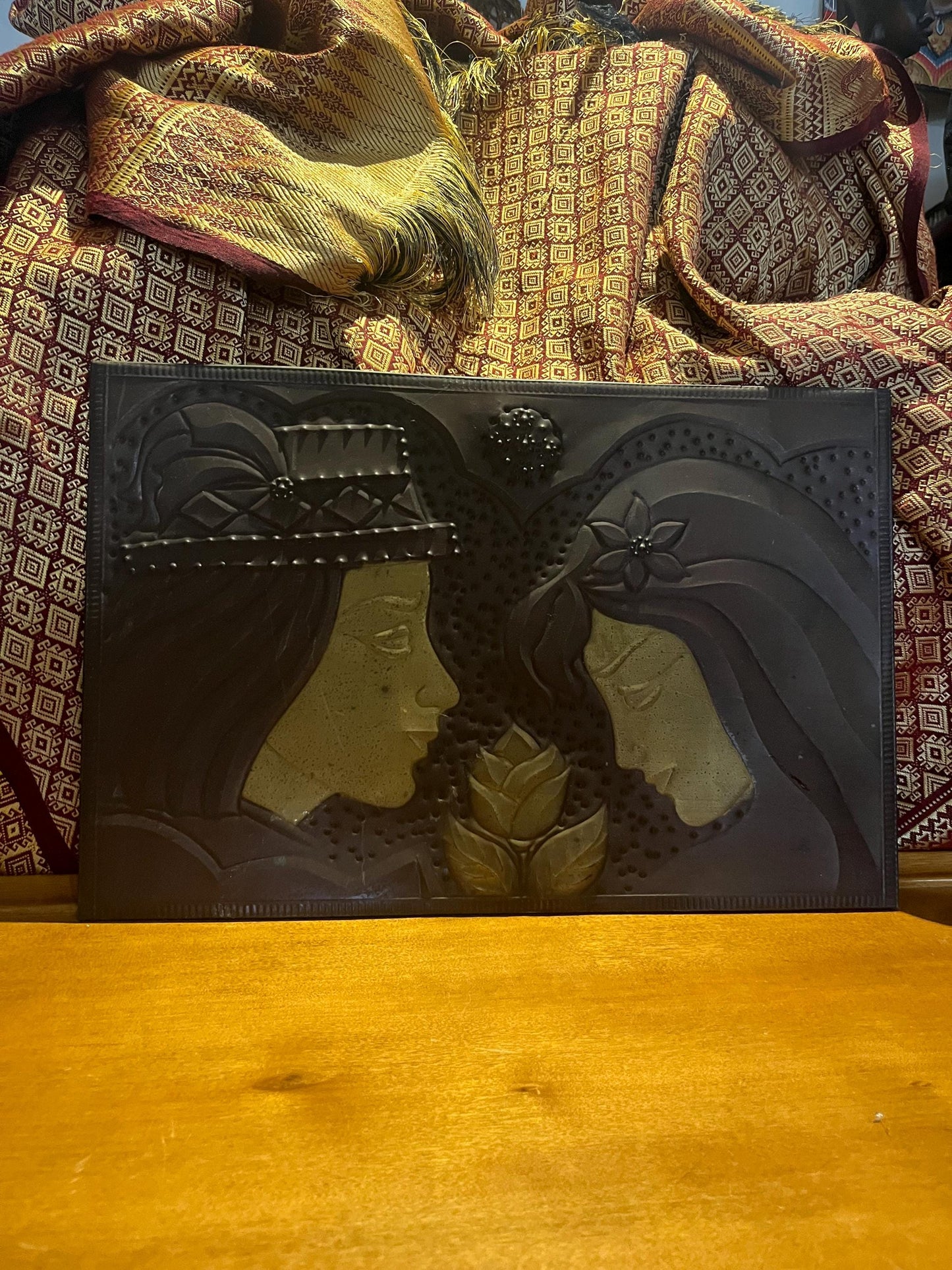 Stunning antique copper plaque depicting lovers   religious overtones  wonderful quality and ready to hang - 17 x 12 inches